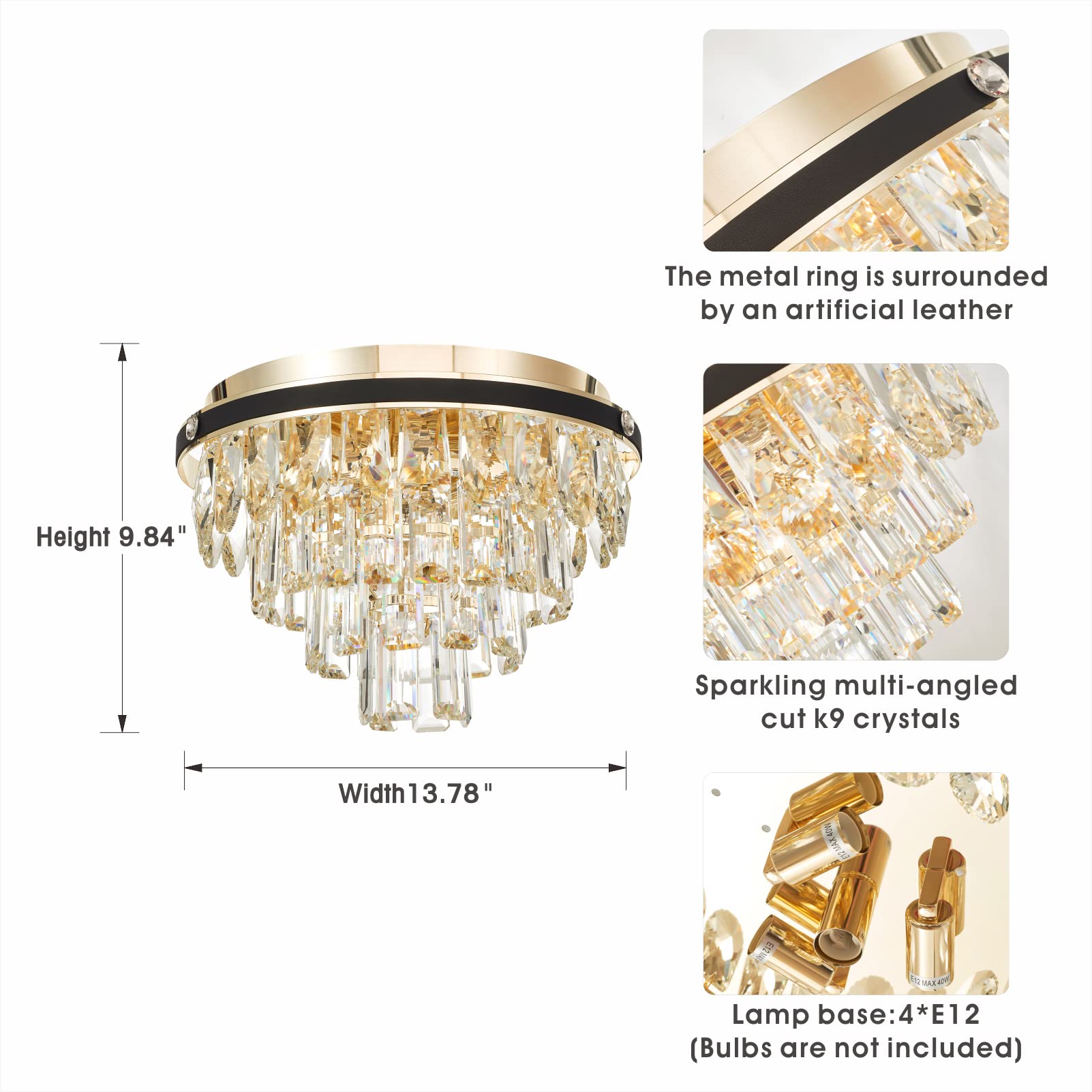 Crystal Chandelier Flush Mount Ceiling Light Fixture - 4-Light Modern Chandelier with Premium Crystals for Hallway, Bedroom, Dining Room & Kitchen (9.84'' H x 13.78'' W) - Elegant Lighting for Home Decor & Special Occasions