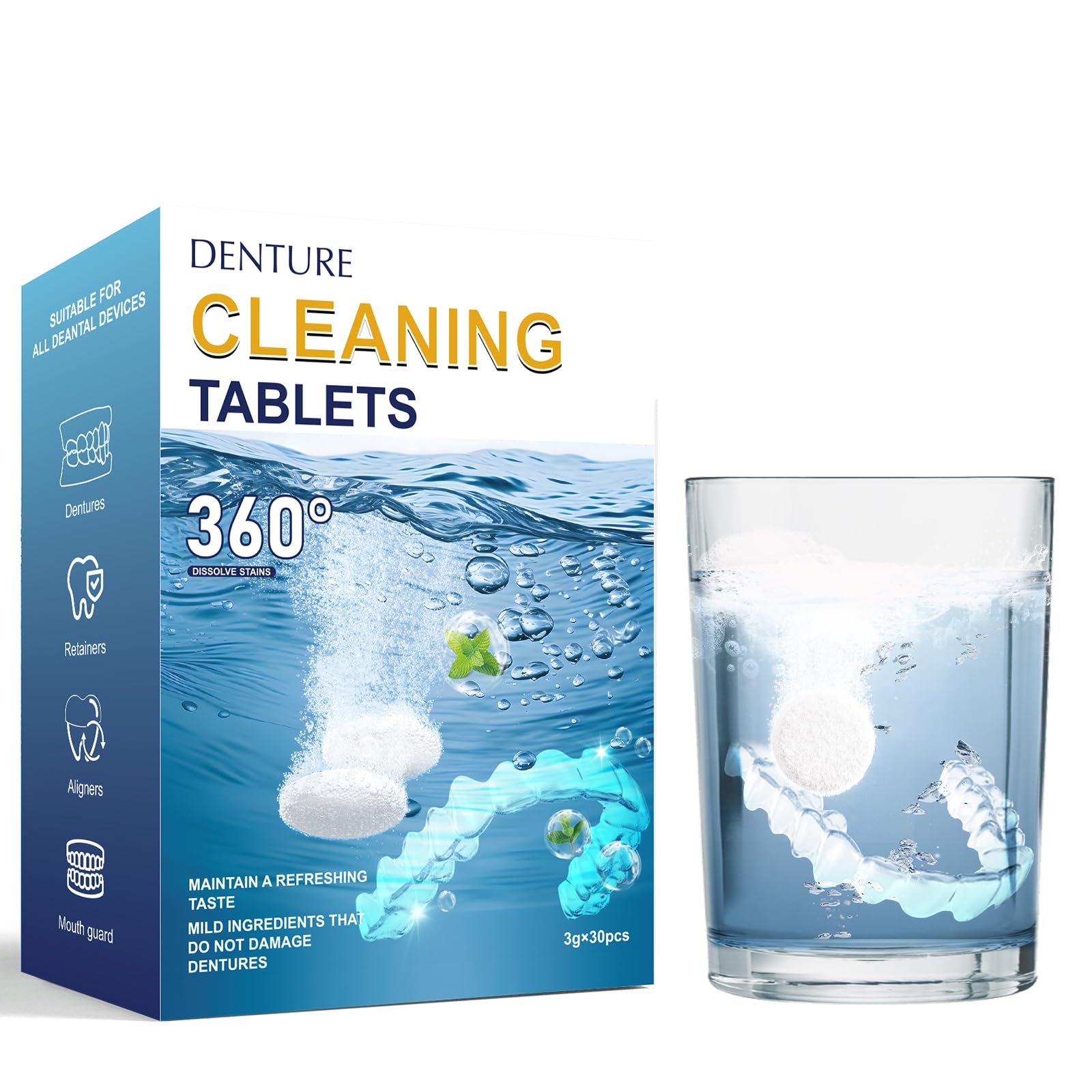 Invisalign Retainer Cleaner Tablets - 30 Count (1 Month Supply) for Aligners, Night Guards & Dentures - Removes Stains, Odors & Plaque - Perfect for Travel & Daily Dental Care