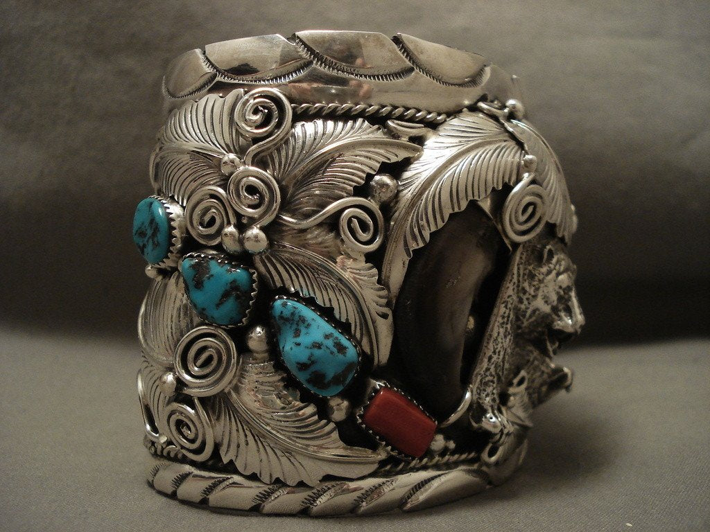 203g Monster 'Screaming Bear' Turquoise Coral Native American Sterling Silver Bracelet - Handmade Southwest Jewelry for Women, Boho Chic Accessories for Festival & Everyday Wear