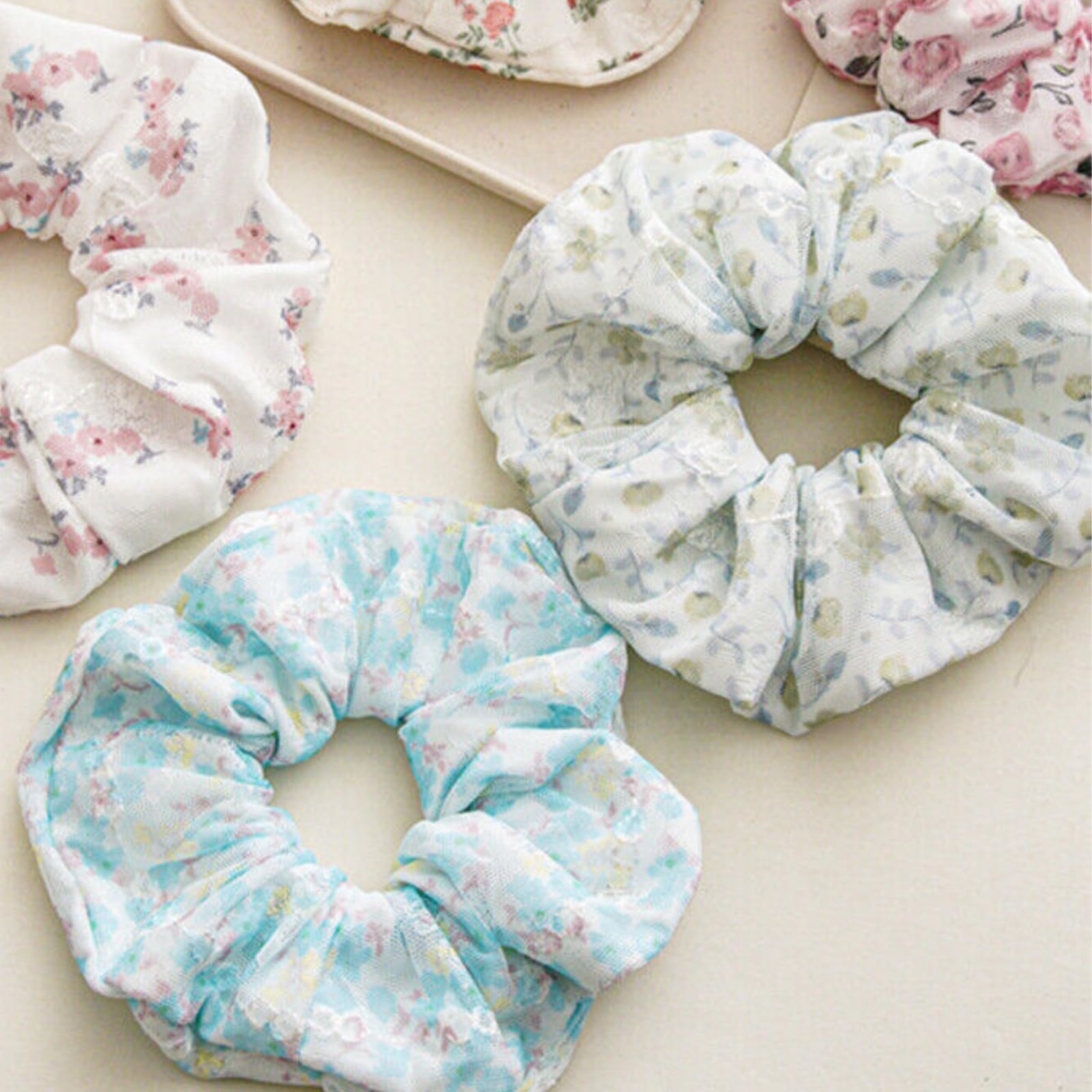 Floral Print Scrunchies for Women - Soft Elastic Hair Bands, Ponytail Holders & Hair Accessories - Green Bow Hair Ribbon for Long Hair - Perfect for Workouts, Office & Casual Wear