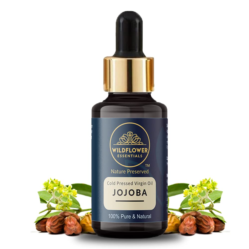 Wildflower Essentials Cold Pressed Jojoba Oil - Lightweight Nourishing Moisturizer for Face, Hair & Body - All Skin Types - Natural Lip Balm, Makeup Remover & Cuticle Treatment (30ml) - Perfect for Daily Skincare Routine & DIY Beauty Recipes
