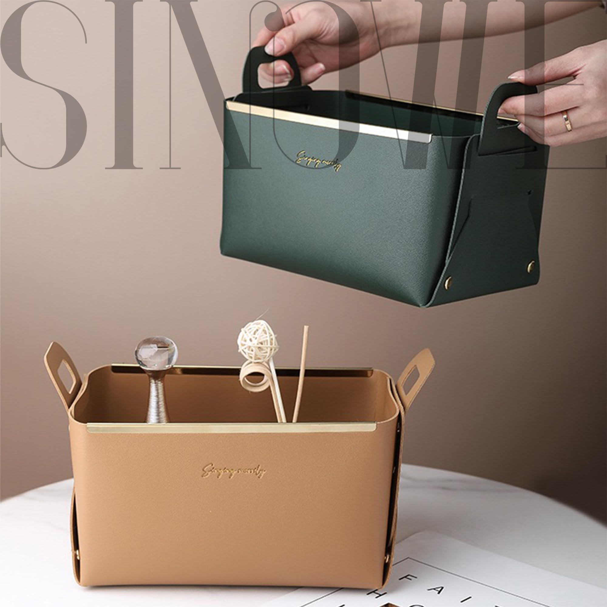 Decorative Faux Leather Storage Basket - Small Foldable Rectangle Organizer Box for Entryway, Bedside, Dresser & End Table | Home & Office Organization (Brown) | Perfect for Keys, Jewelry & Makeup Storage
