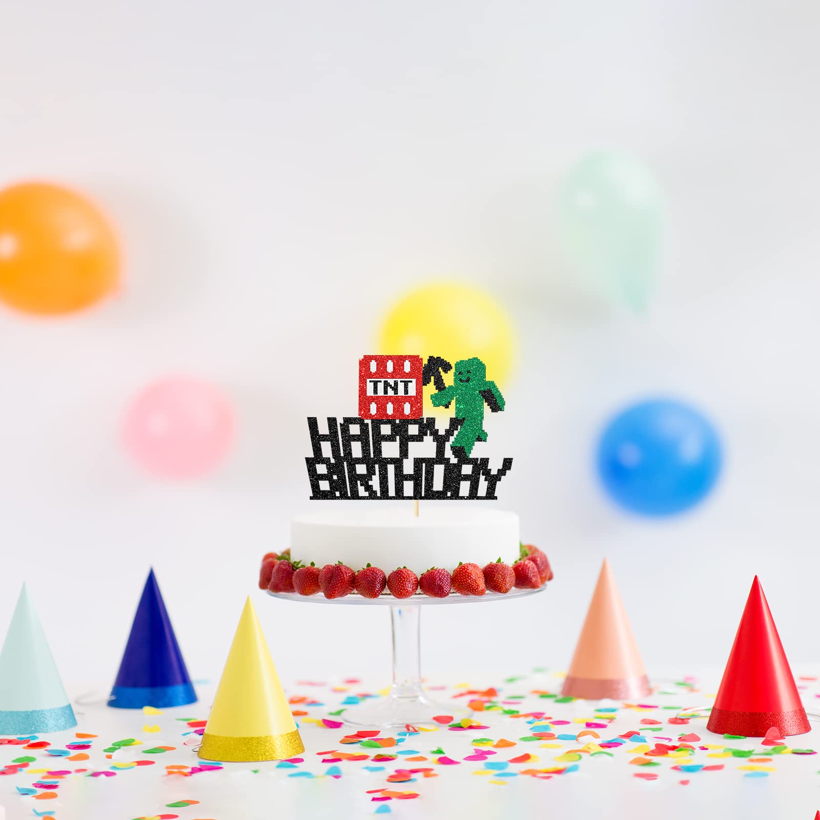 Pixel Style Happy Birthday Cake Topper - Block Video Game Themed Cake Decorations for Kids (Boys & Girls) - Perfect for Minecraft Birthday Parties & Gaming Themed Celebrations