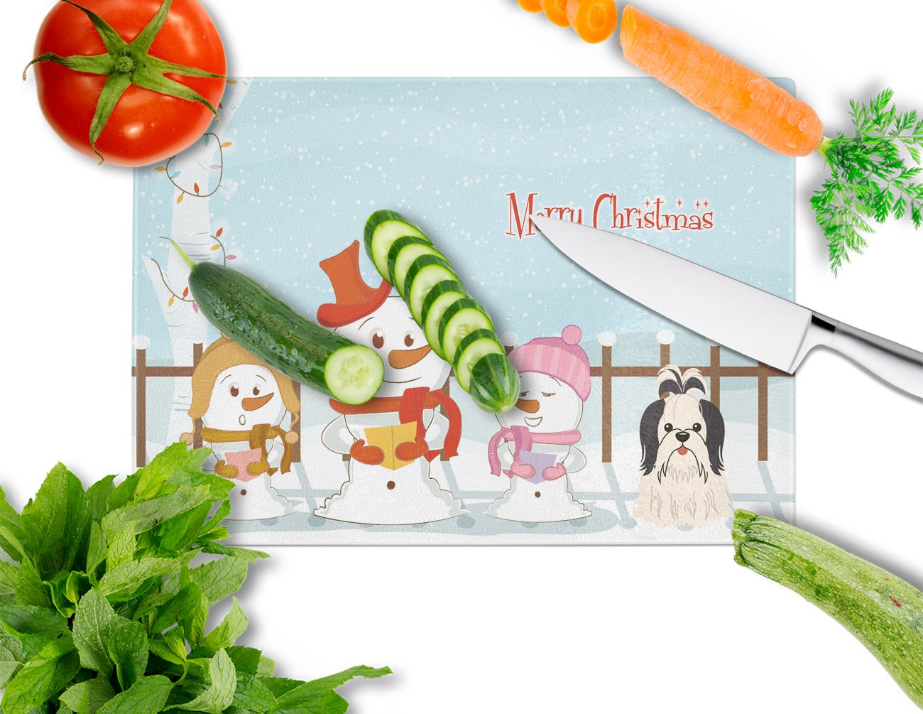 Merry Christmas Carolers Shih Tzu Black & White Tempered Glass Cutting Board - Large Decorative Kitchen Chopping & Serving Board for Holiday Entertaining & Festive Food Prep