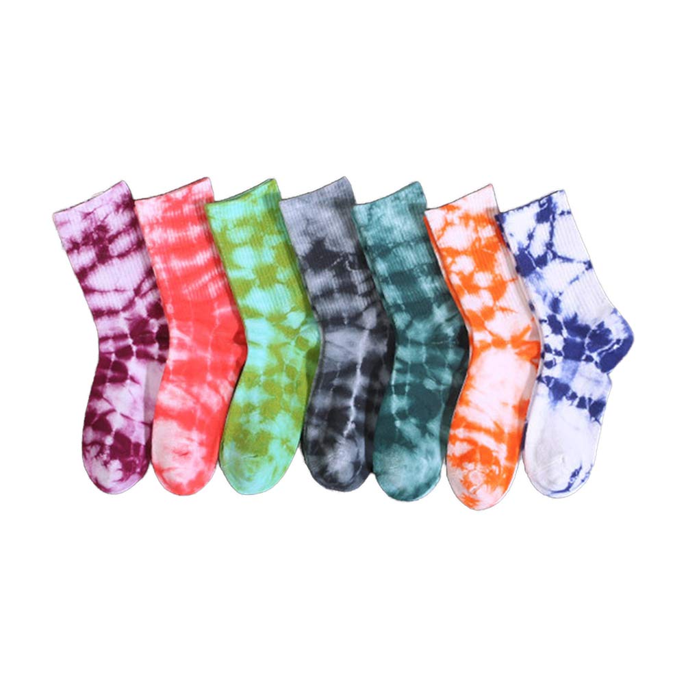 7-Pair Harajuku Cotton Skate Socks - Tie Dye Basketball Socks for Men & Women - Breathable Long Socks for Skateboarding, Hip Hop, Sports & Casual Wear (Random Colors)