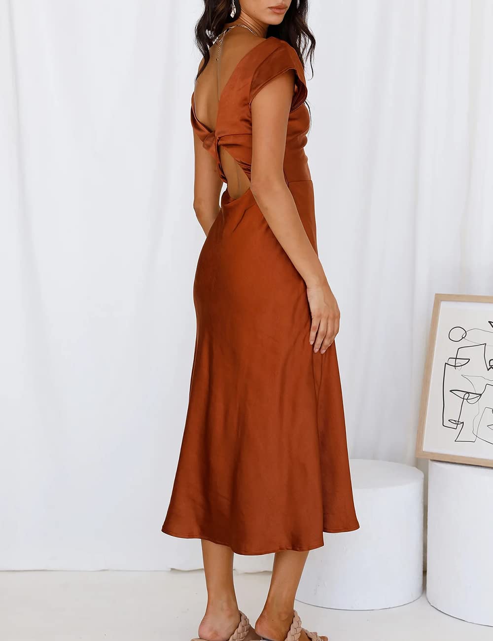 Elegant Women's Summer Satin Backless Midi Dress with Twist Cap Sleeves & Cowl Neck - Sexy Slit Cocktail Dress for Wedding Guest, Party & Special Occasions 2025