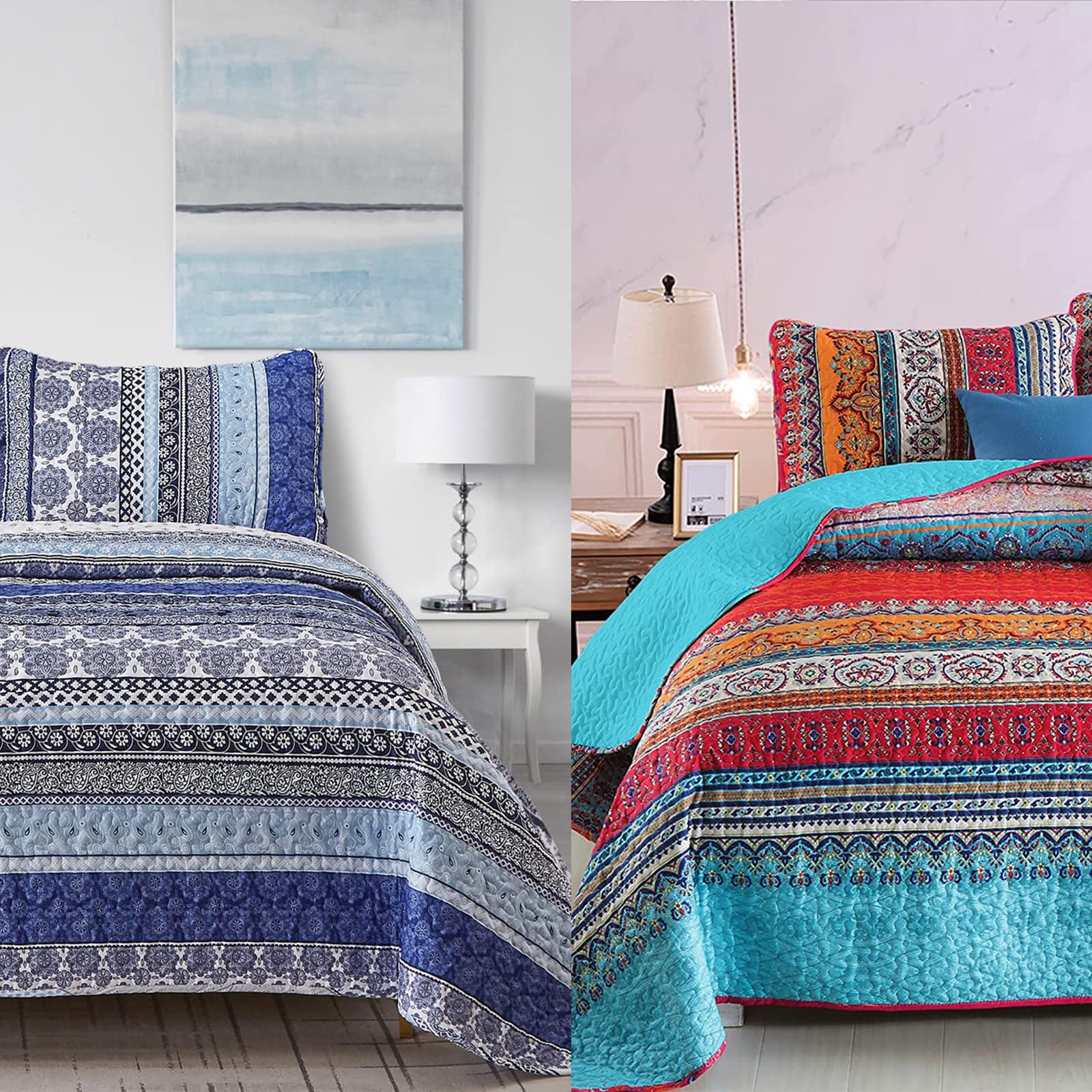 WONGS BEDDING King Size Boho Quilt Set - Blue Bohemian Style Lightweight Bedspread (3 Pieces, 103