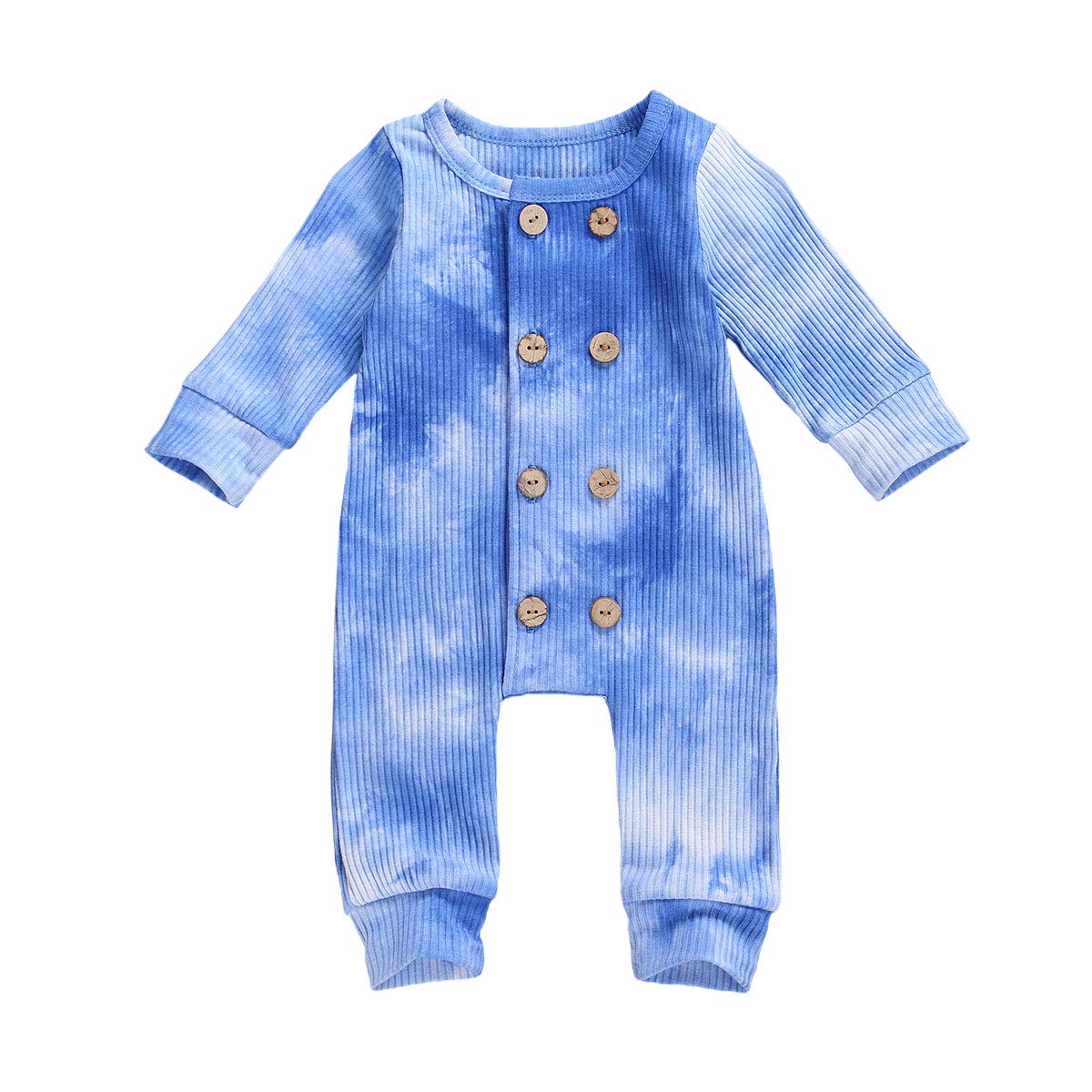 Yoskog Tie Dye Romper for Baby Girls - Long Sleeve Double Breasted Jumpsuit with Round Neck (Blue, 18-24 Months) | Perfect for Playdates, Photoshoots & Everyday Comfort