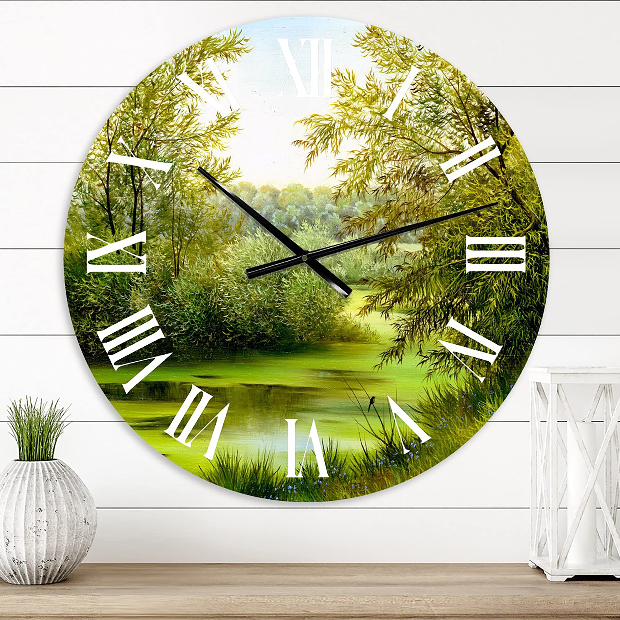 DesignQ Large Country Wall Clock - 'Green Pond with Spring Trees' Landscape Nature Decor for Living Room, Kitchen, Office | Silent Non-Ticking Modern Farmhouse Clock