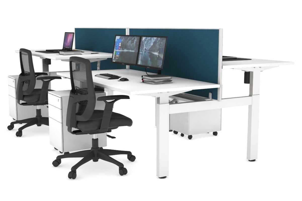 Adjustable 4-Person H Bench Workstation - White Frame (1400L x 800W) | Ergonomic Office Desk for Team Collaboration & Workspace Efficiency