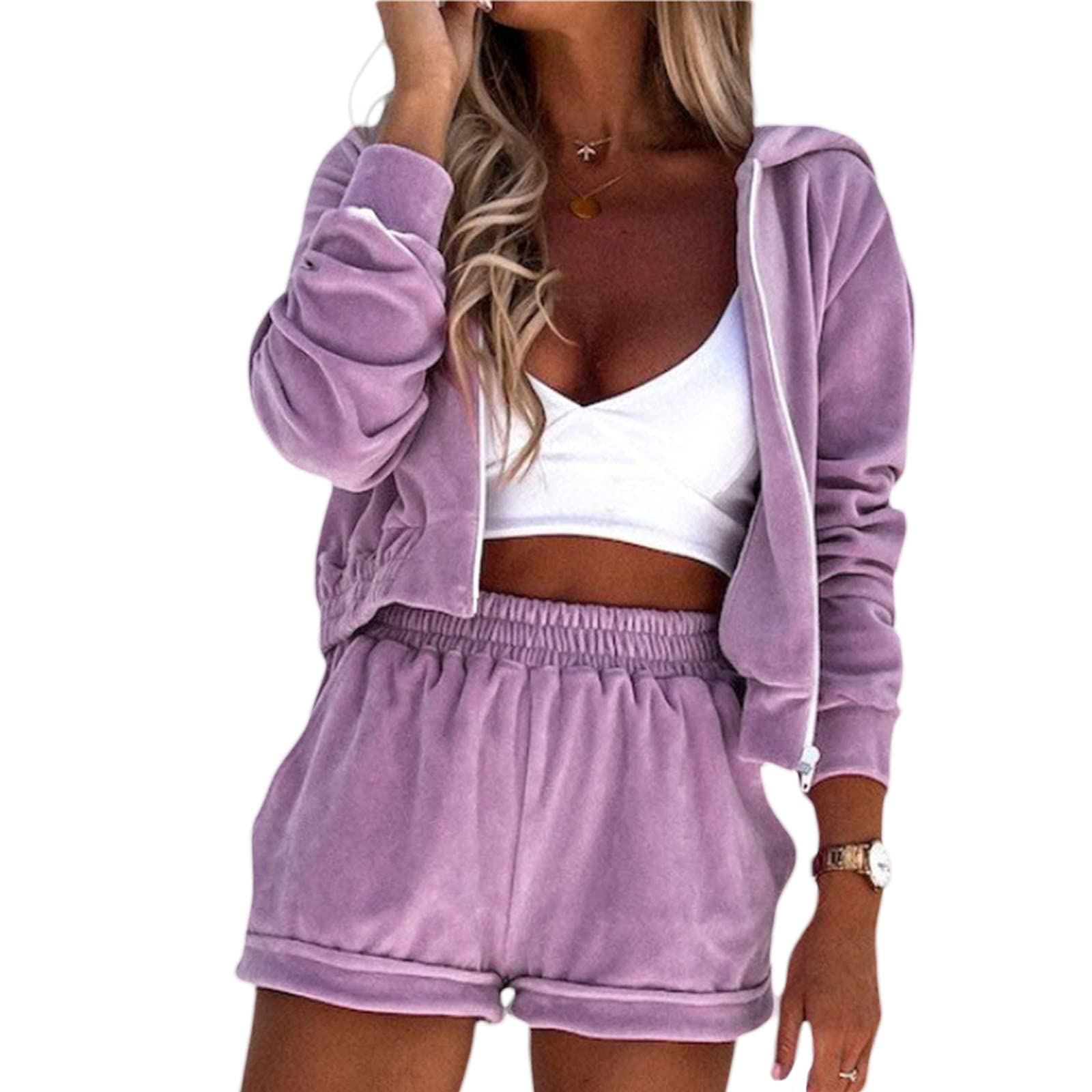 Women's 2-Piece Velour Tracksuit Set - Zip Up Hoodie & Elastic Shorts Lounge Outfit for Home, Gym & Casual Wear