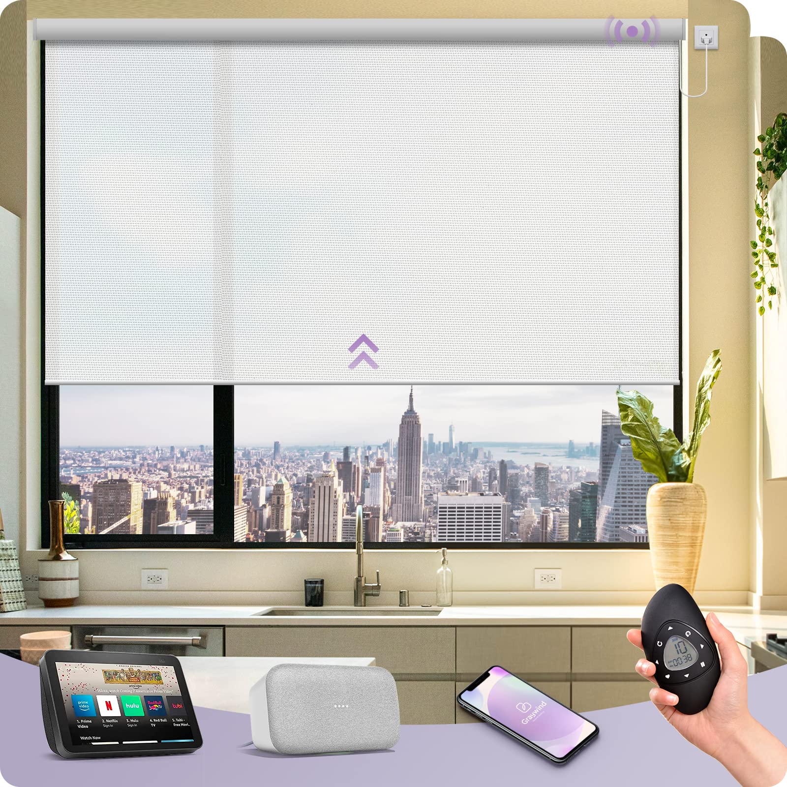 Graywind Motorized Roller Shades - Alexa & Google Compatible Smart Blinds with WiFi, Hardwired Remote Control, Light Filtering, Custom Size (1% Openness Solar White) - Perfect for Living Rooms, Bedrooms & Home Automation