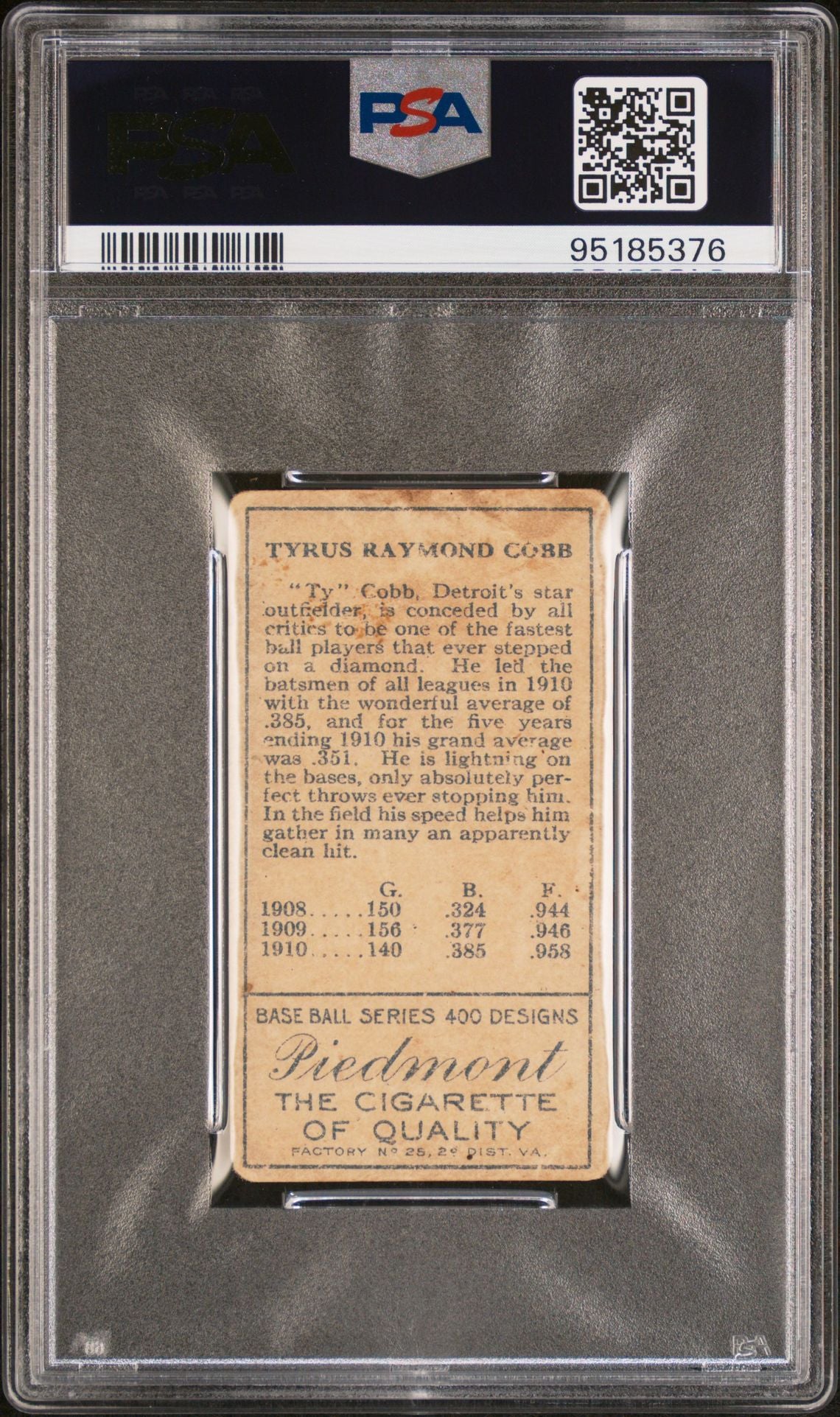 1911 T205 Ty Cobb Gold Border Baseball Card - PSA Graded #95185376 - Hall of Fame Collectible for Sports Memorabilia & Investment
