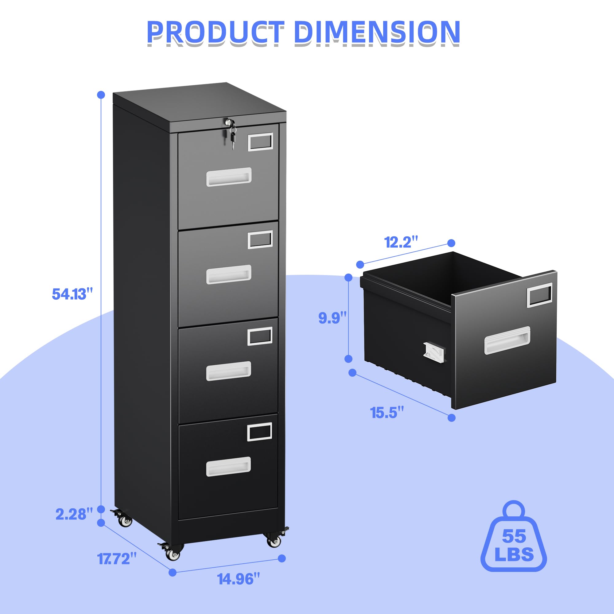 Lockable 4-Drawer Vertical File Cabinet on Wheels - Mobile Office & Home Storage Cabinet with Handle & Name Card - Easy Assembly, Black - Perfect for Organizing Documents, Files & Office Supplies