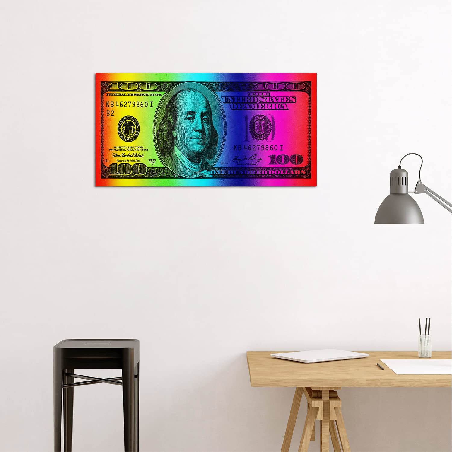 GUBIYU 100 Dollar Bill Wall Art - Rainbow Framed Canvas Print (24