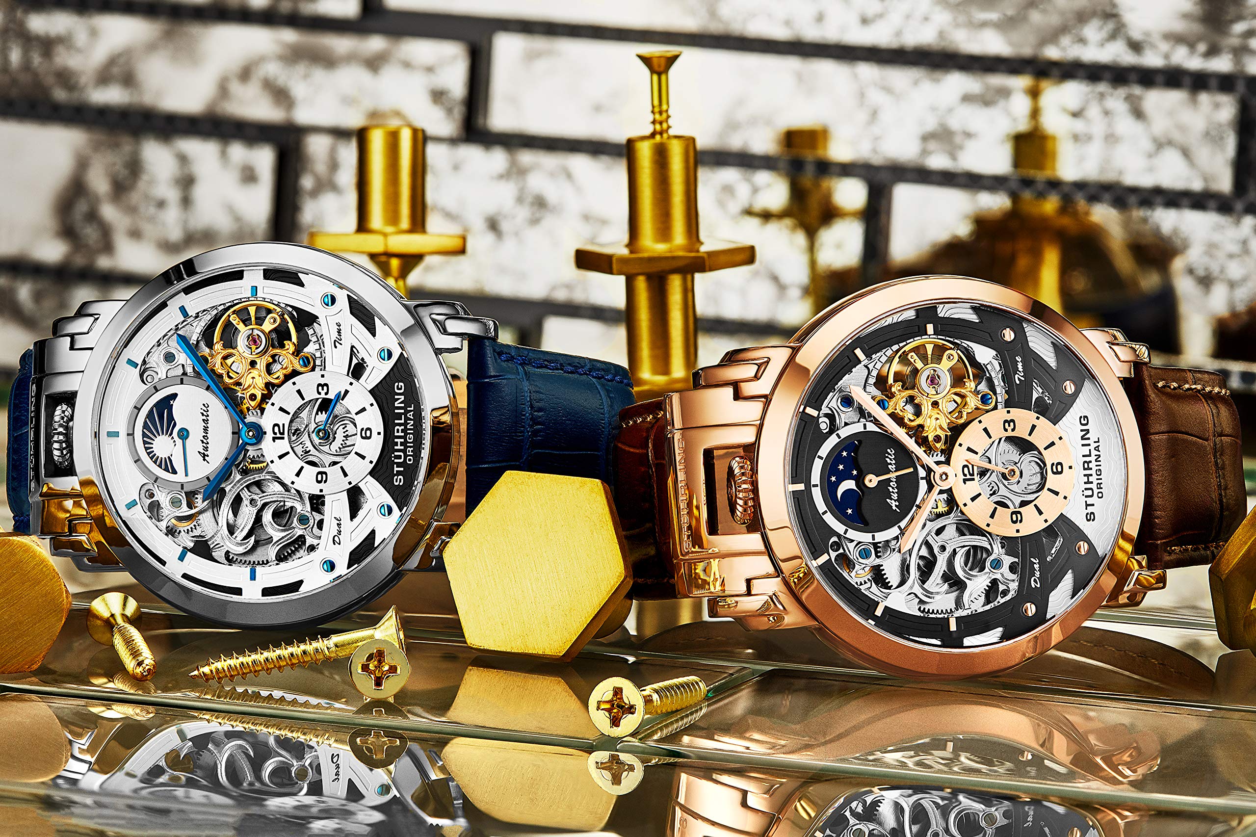 Stuhrling Original Men's Automatic Skeleton Watch - Luxury Leather Dress Watch with Stainless Steel Case - Self-Winding Mechanical Analog Watch for Men - Perfect for Business, Formal Events & Everyday Wear