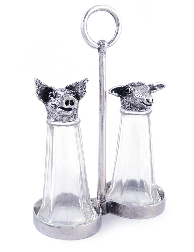 Sheep and Pig Salt & Pepper Shakers - Handcrafted Glass & American Made Pewter for Farmhouse and Rustic Kitchen Decor