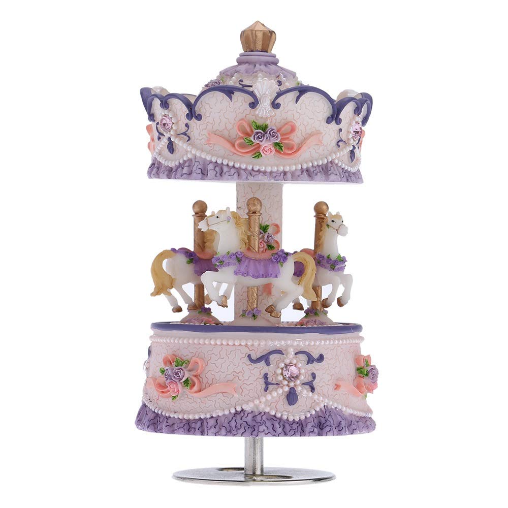 Nostalgic Wind-Up Musical Box - 3-Horse Carousel Music Box with Melody from Castle in The Sky | Pink, Purple, Blue, Gold Color Options | Perfect Gift for Collectors, Home Decor, and Special Occasions (Purple)