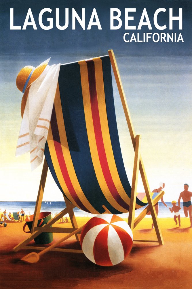 Laguna Beach California Beach Chair and Ball 55181 - 24x36 Signed Art Print, Coastal Wall Decor Poster for Living Room, Bedroom & Office