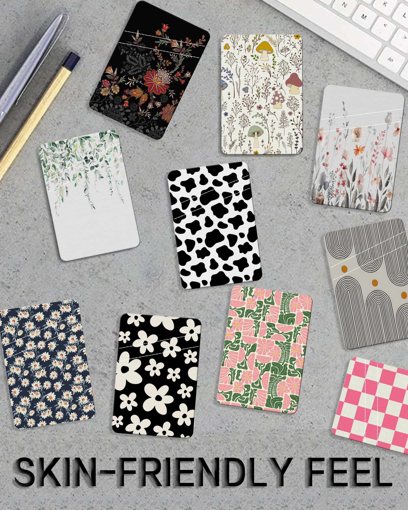 Leather Phone Card Holder with Adhesive - Dual Pocket Wallet for Credit Cards & Cash, Cute Black White Floral Design, Compatible with Most Smartphones - Perfect for Travel, Shopping & Daily Use