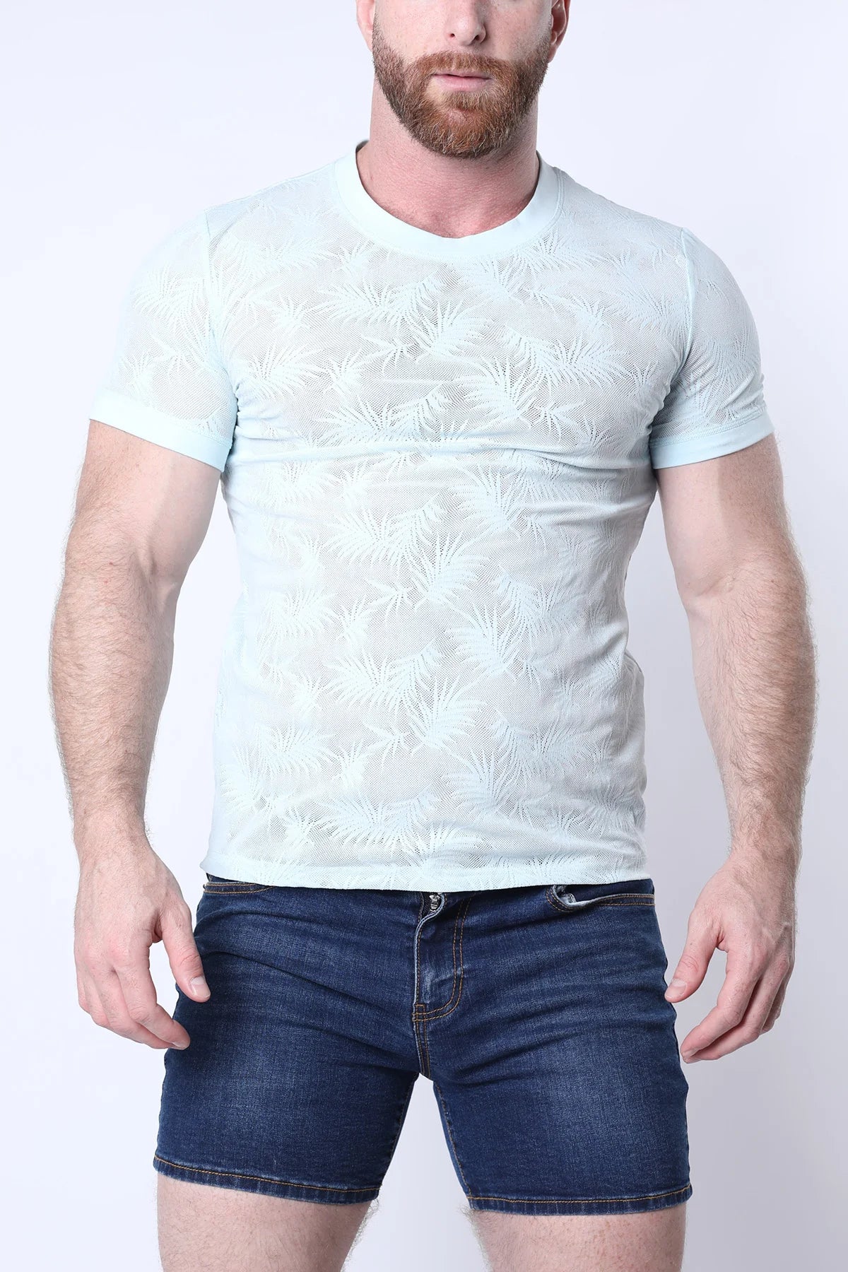 Timoteo Amalfi Light Blue Mesh T-Shirt for Men - Breathable Summer Casual Tee for Beach, Gym & Outdoor Activities