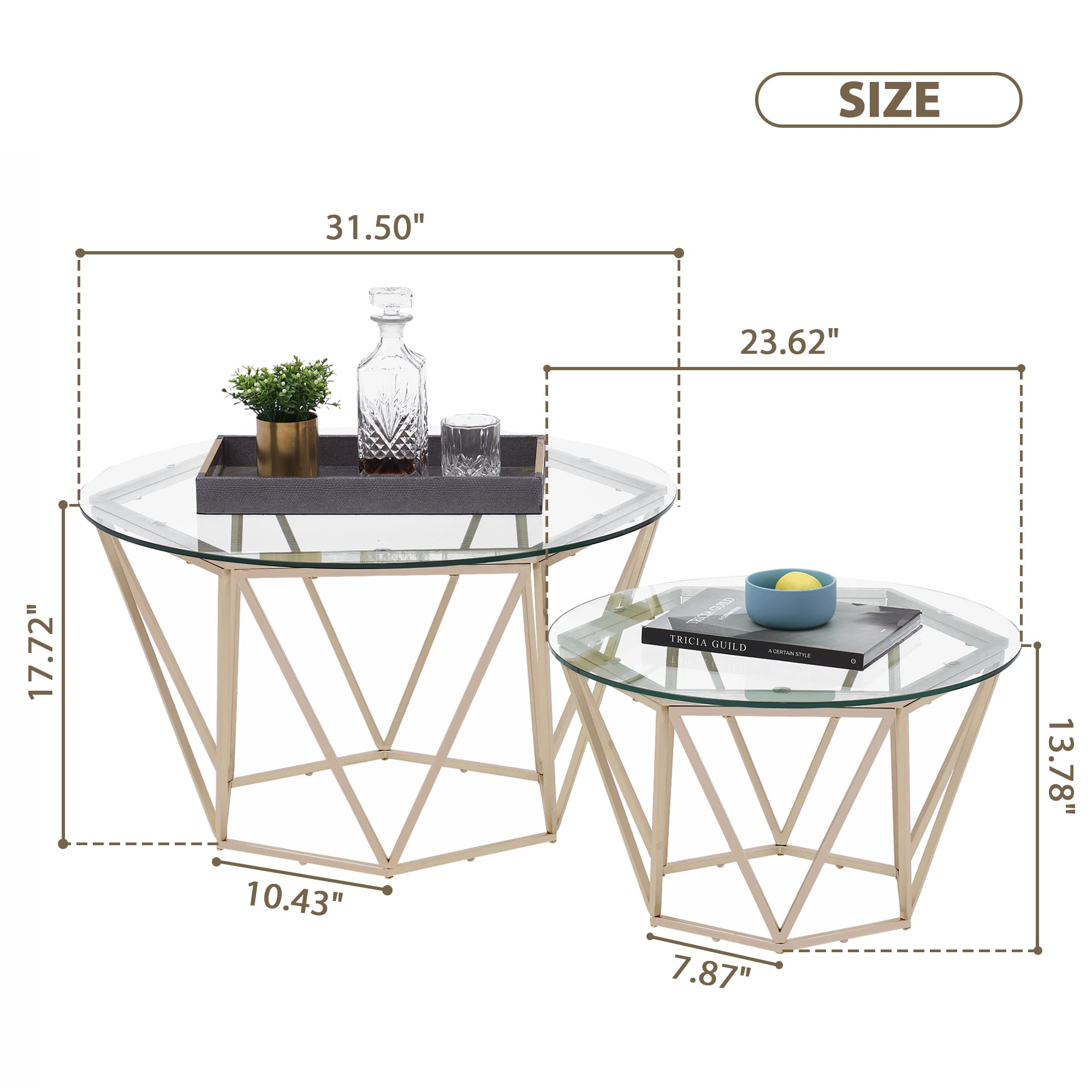 ivinta 2-Piece Round Nesting Coffee Table Set - Modern Tempered Glass Living Room Tables with Gold Metal Frame Legs (31.5 & 23.6 Inch) - Perfect for Small Spaces, Apartments & Lounge Areas
