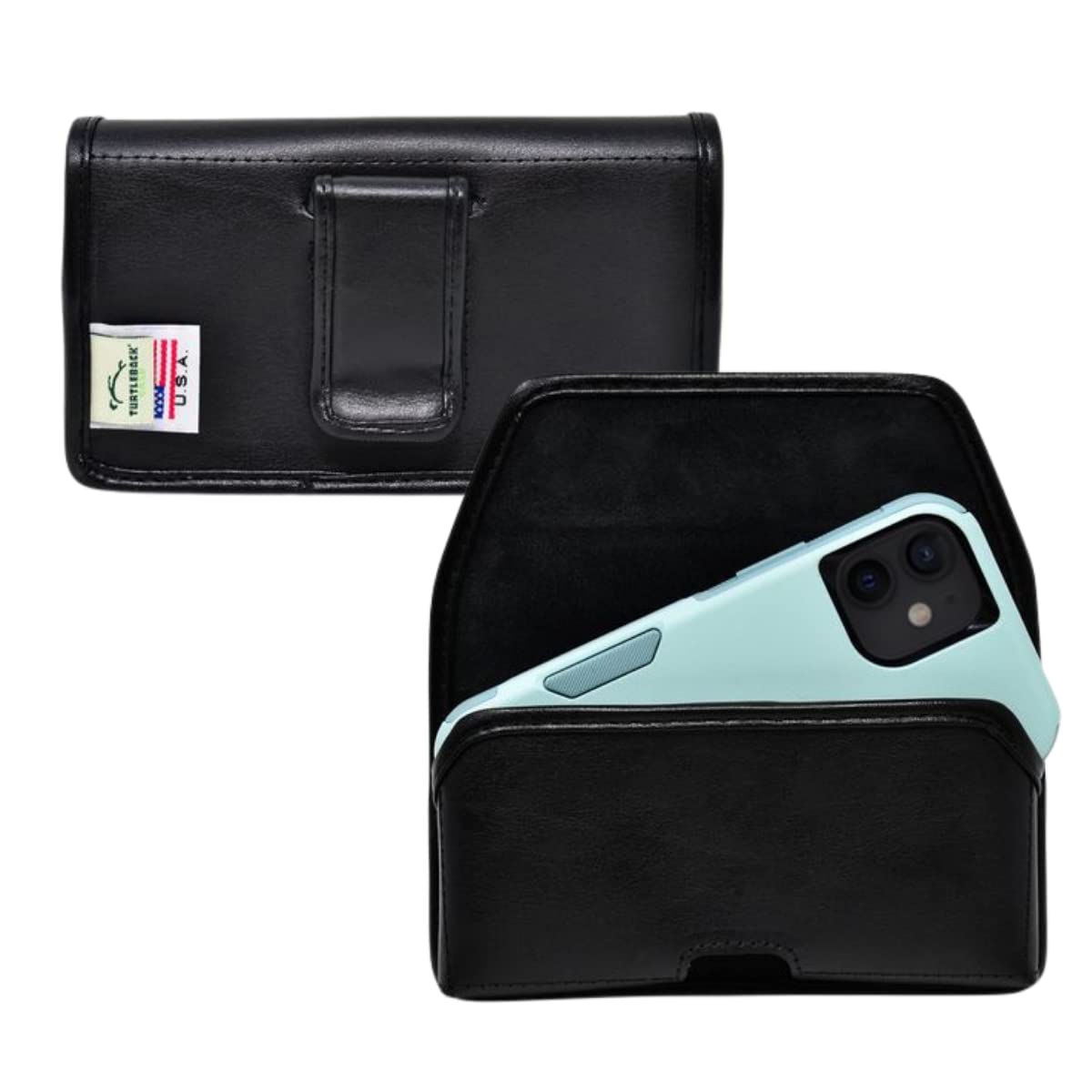 Premium Leather Phone Holster for iPhone 13 & 12 Mini - Black Belt Clip Holder for Shockproof Cases | Commuter & Symmetry Style | Durable Leather Belt Clip for Work, Travel & Outdoor Activities