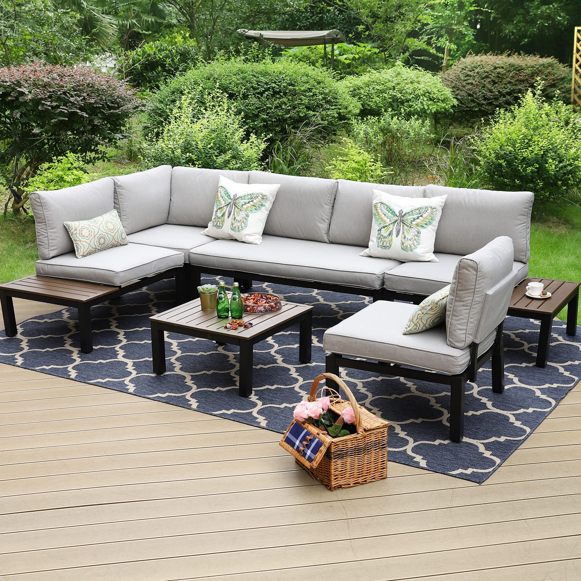 PHI VILLA 6-Piece Metal Outdoor Sectional Sofa Set with Coffee Table & Cushions - Wrought Iron Patio Conversation Set, Light Grey Garden Furniture for Backyard, Poolside & Terrace Relaxation