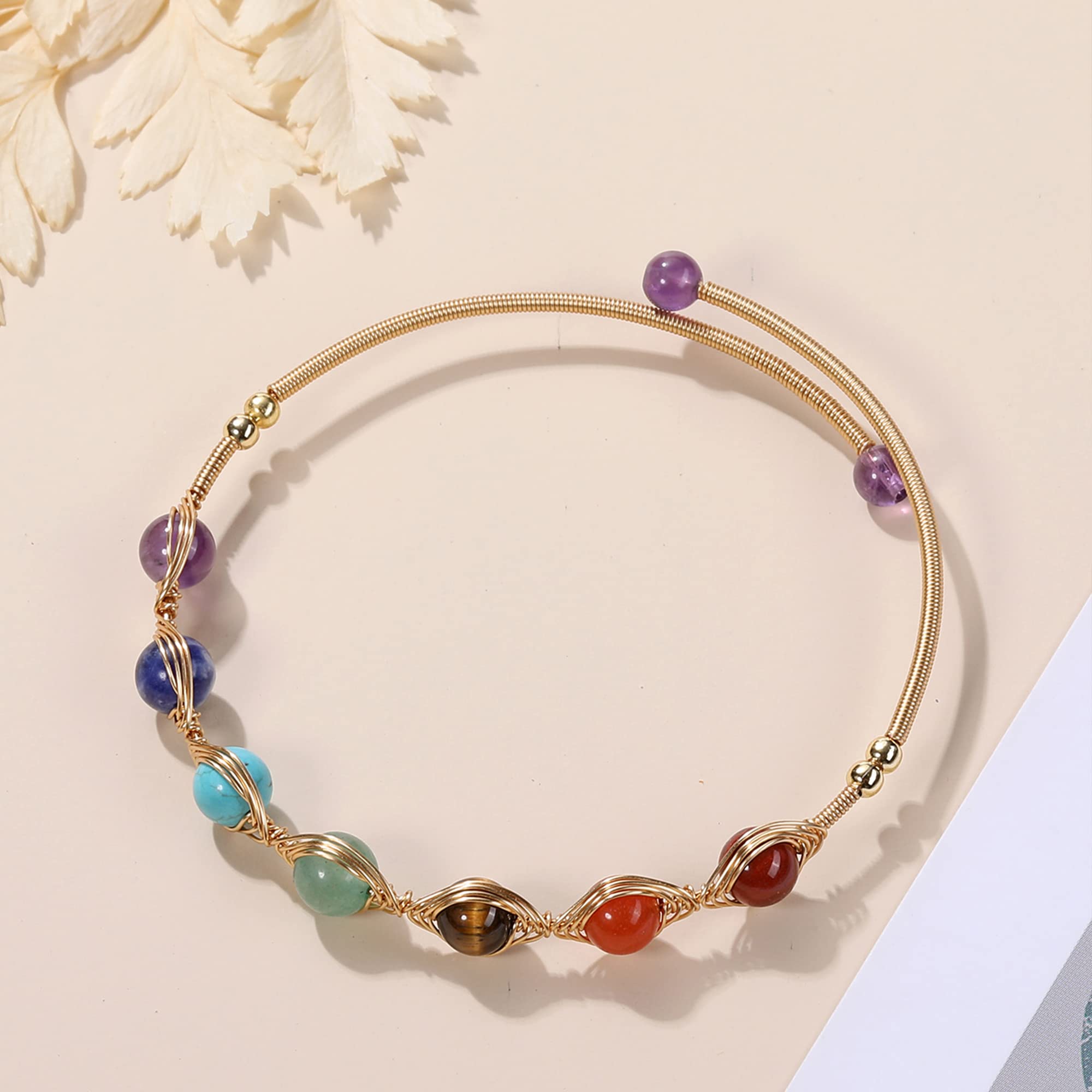 7 Chakra Healing Crystal Stone Bead Adjustable Ankle Bracelet - 14K Gold Plated Spiritual Jewelry for Women, Ladies, Mom | Birthday Gift, Meditation, Yoga, Energy Balancing Accessory