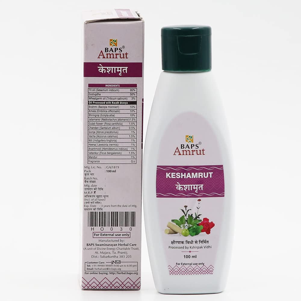 BAPS Amrut Keshamrut Ayurvedic Hair Oil - 100ml | Natural Hair Growth & Scalp Treatment for Men & Women - Use for Daily Hair Care, Dandruff Control & Healthy Shine
