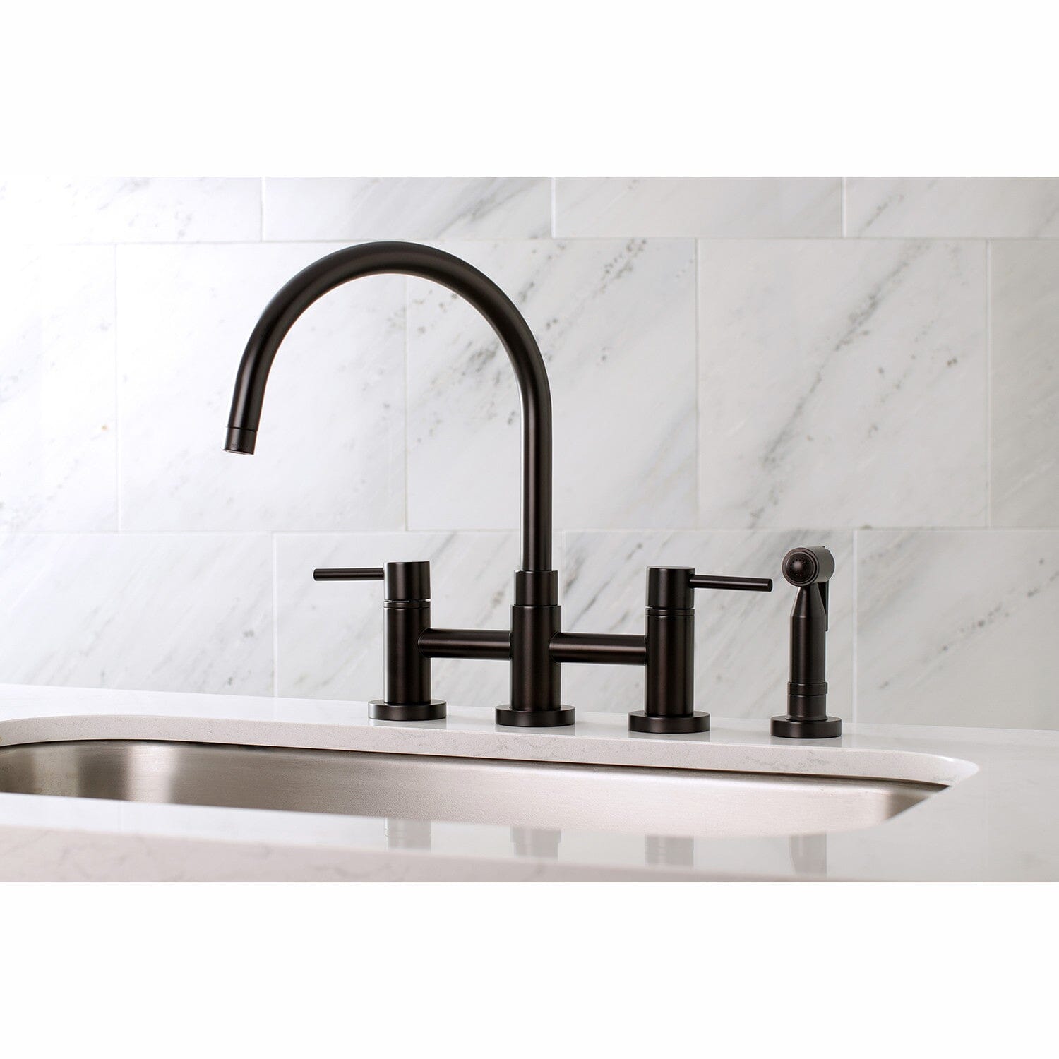 Concord Two Handle 4 Hole Deck Mount Bridge Kitchen Faucet with Brass Side Sprayer - Durable Brass Construction for Modern Kitchens | Perfect for Washing Dishes, Filling Pots & Cleaning Countertops