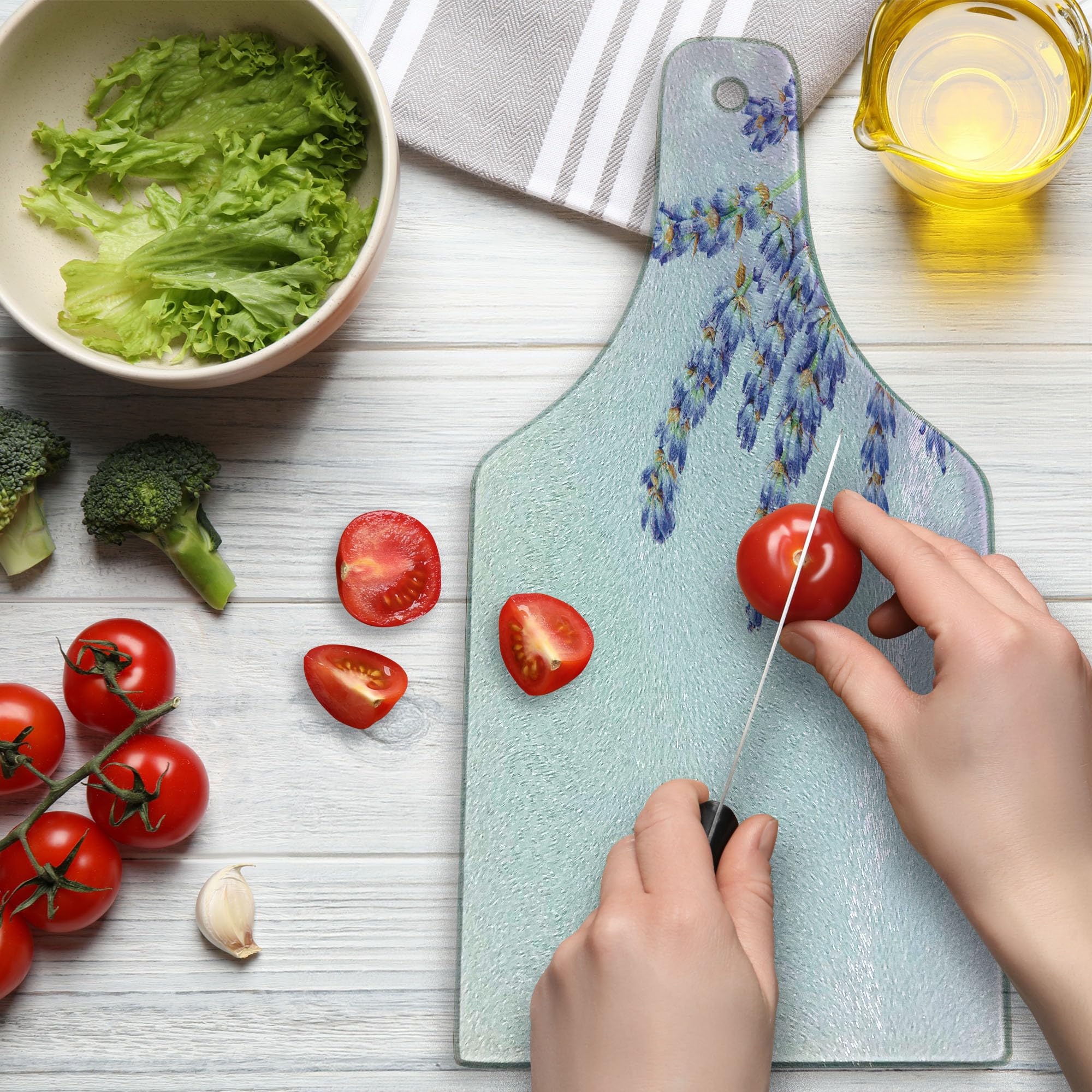 Ambesonne Lavender Tempered Glass Cutting Board - Wine Bottle Shape with Aromatherapy Print, Decorative Serving Board for Kitchen, Spa & Home Decor (Lavender Lilac Green) | Perfect for Charcuterie, Cheese Display & Wine Pairing