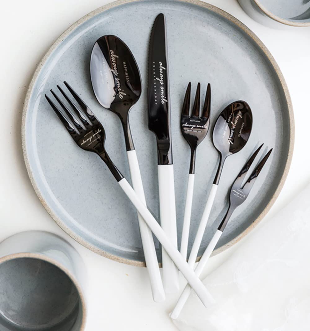 Premium Stainless Steel Flatware Cutlery Set - 6-Piece Silverware with White Handle (Fork, Spoon, Knife) for Home, Kitchen & Restaurant Use | Dishwasher Safe Utensils | Elegant Dining & Gift Set (Black)