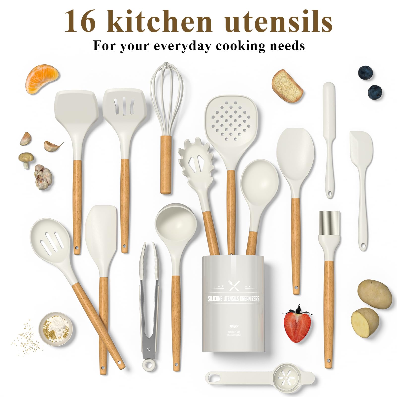 16-Piece Silicone Cooking Utensils Set with Wooden Handle & Holder - Heat Resistant Kitchen Tools for Nonstick Cookware - Perfect for Baking, Frying, and Everyday Cooking