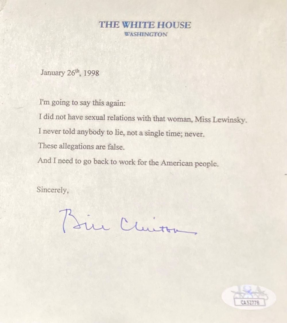 Authentic Bill Clinton Signed 5x6 Mock White House Statement Letter with Monica Lewinsky JSA COA - Rare Political Memorabilia for Collectors & History Enthusiasts | Perfect for Display in Home Office, Man Cave or Presidential Collections