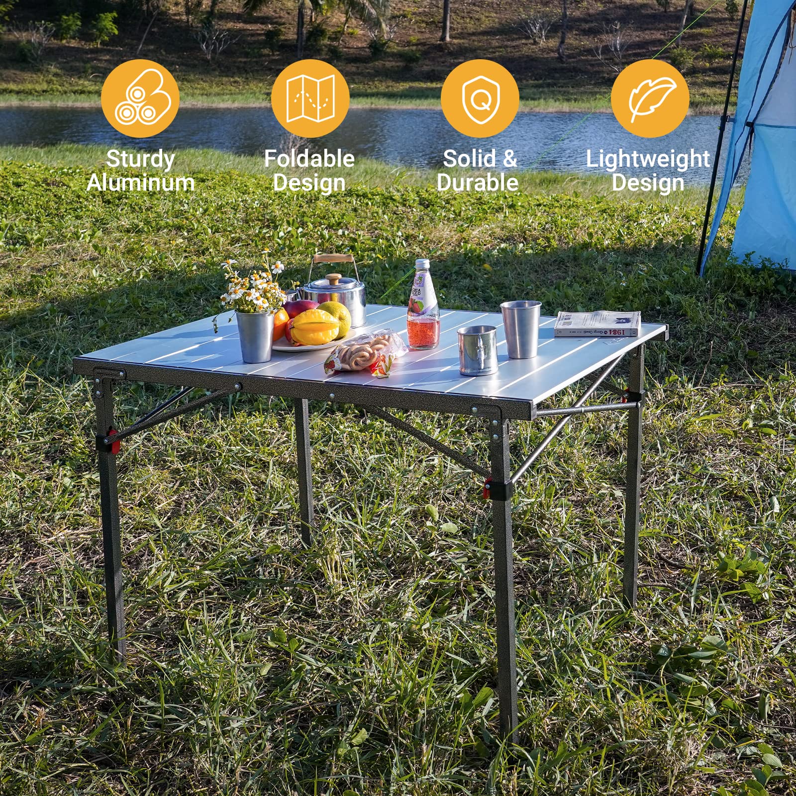 KingCamp Folding Camping Table - Aluminum Roll-Up Camp Table for 6-8 People, Heavy Duty 180 LBS Capacity, Portable Outdoor Picnic Table with Carry Bag - Perfect for Camping, Backyard BBQ, Beach Parties & Tailgating