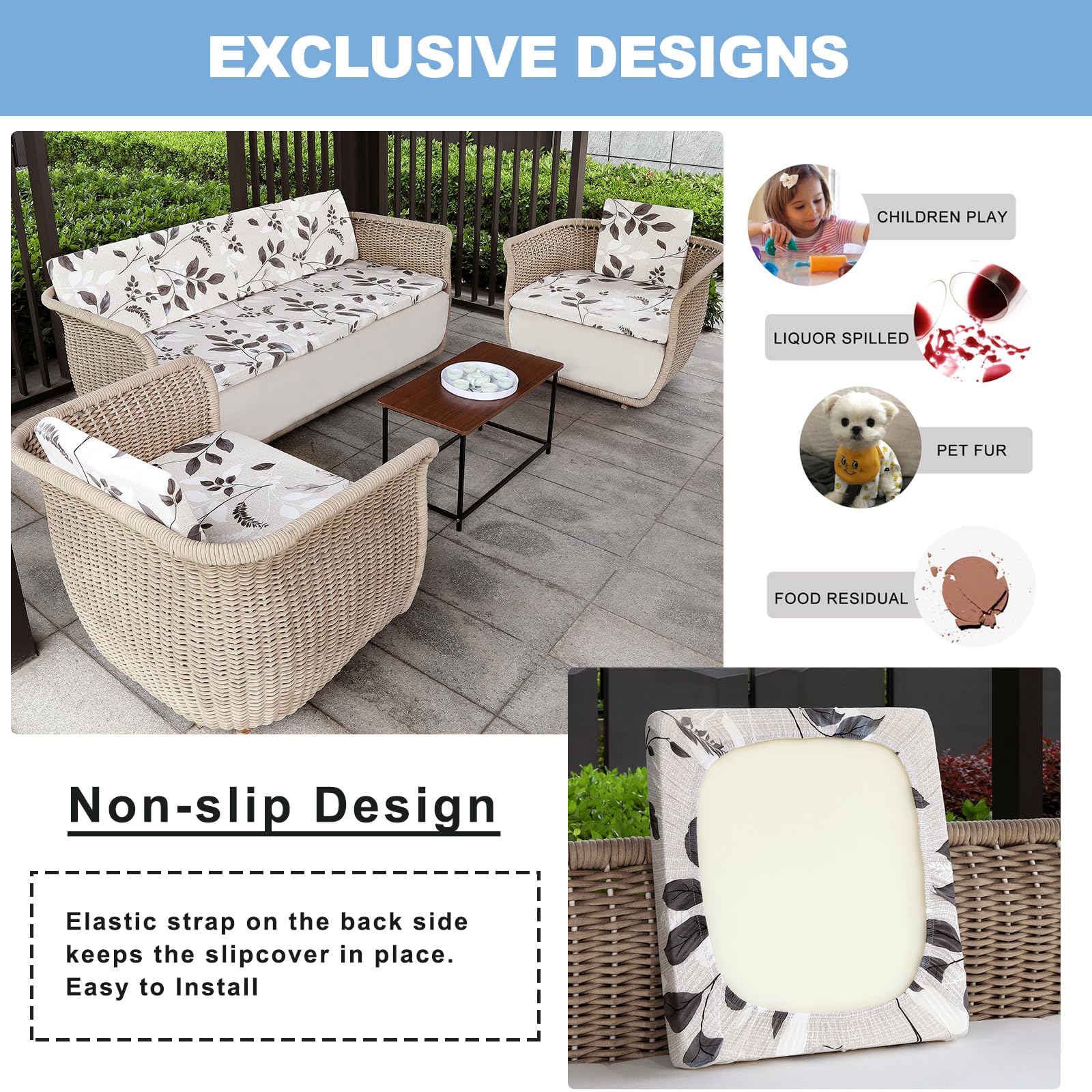 12 Pack Stretch Patio Cushion Covers - Waterproof Outdoor Sofa & Chair Covers (20-27 Inch) - Replacement Furniture Protector for Deck, Porch, Poolside & Garden Use