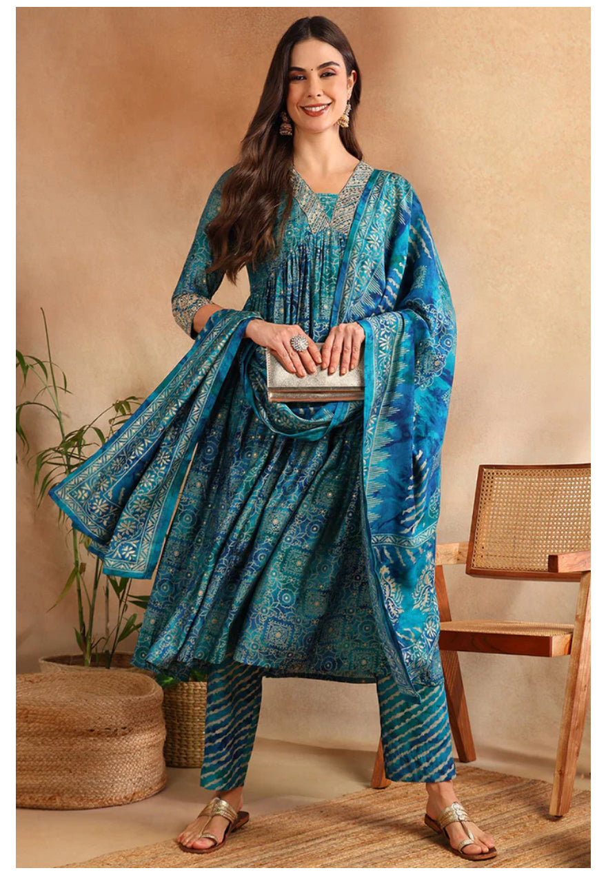 Teal Silk Blend Ethnic Motifs Printed Flared Kurta Set for Women | Indian Traditional Outfit | Perfect for Festivals, Weddings & Cultural Events