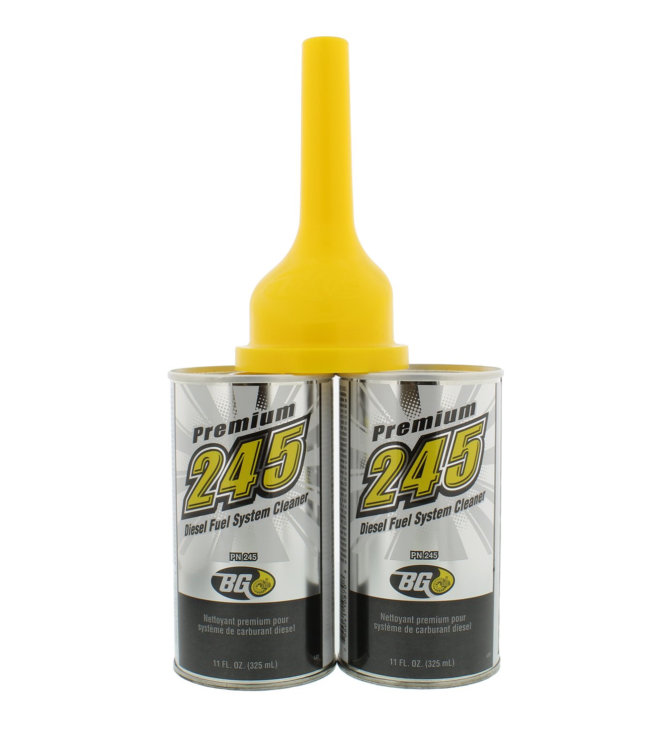BG 245 Premium 11 oz Diesel Fuel System Cleaner with Funnel - 2 Cans & 1 Funnel - Improves Engine Performance & MPG for Trucks, SUVs & Heavy-Duty Vehicles