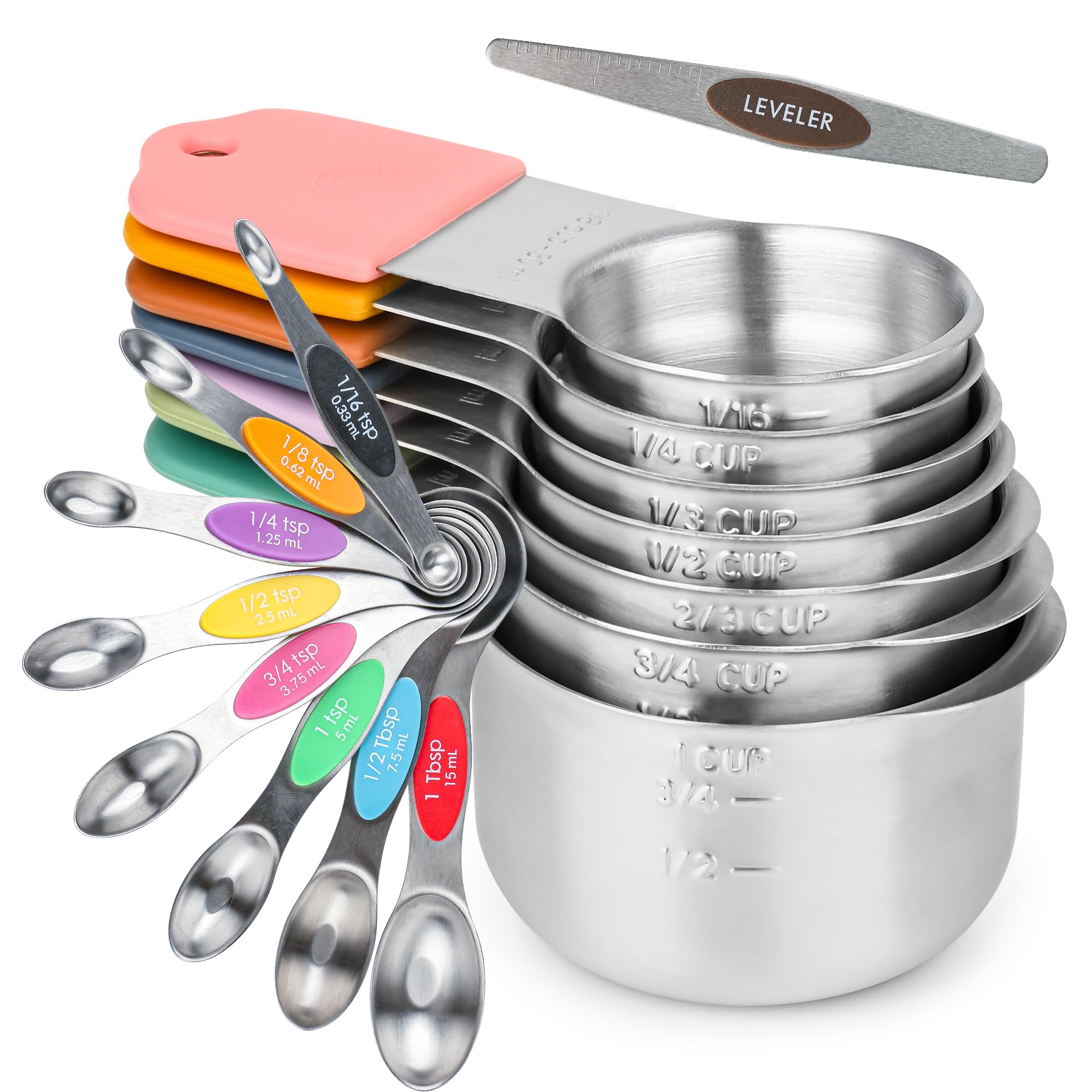Smithcraft 16-Piece Stainless Steel Measuring Cups and Spoons Set - Metric & US Standard Magnetic Kitchen Tools for Baking, Cooking & Meal Prep - Dry & Liquid Measuring Cups with Leveler - Perfect for Home Bakers, Chefs & Cooking Enthusiasts
