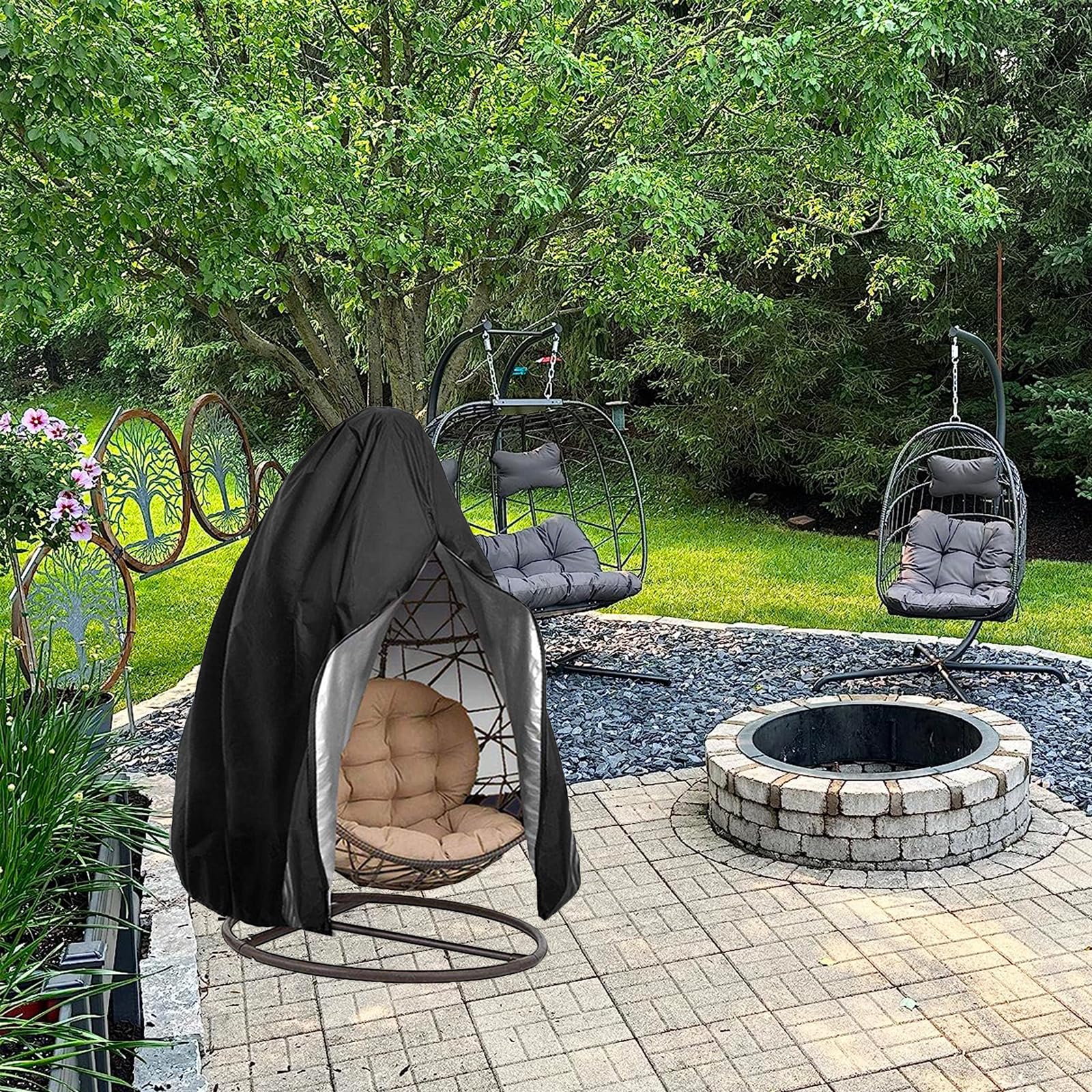 Waterproof Windproof Outdoor Hanging Egg Chair Cover with Zipper & Bottom Buckle - Black Wicker Swing Seat Cover for Patio, Garden & Backyard (Ideal for Rain, Snow & UV Protection)