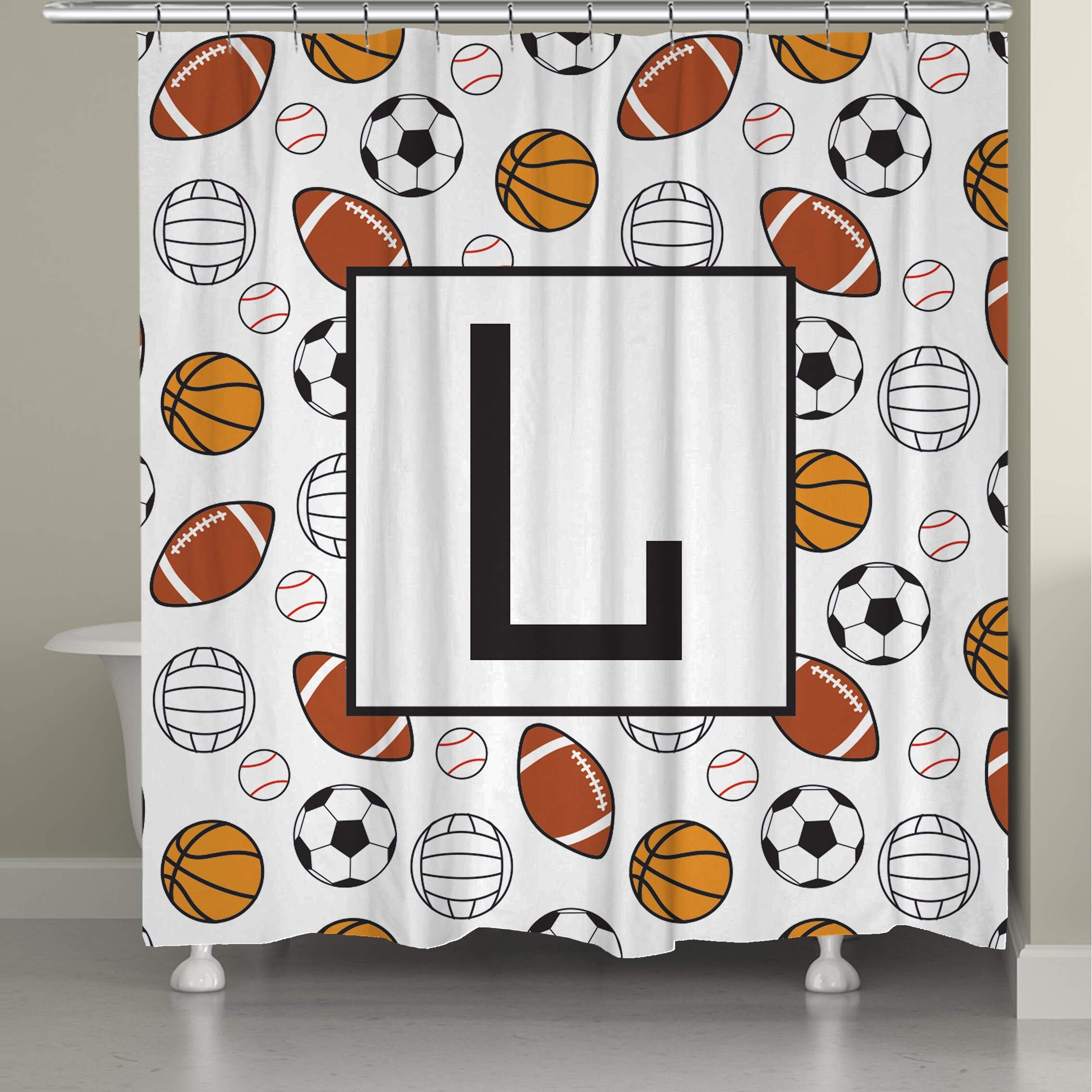 Laural Home Sports Monogram Shower Curtain - Waterproof Polyester Fabric Bathroom Decor for Boys, Girls, Teens - Perfect for Dorm, Bathroom, and Kids Room Decoration
