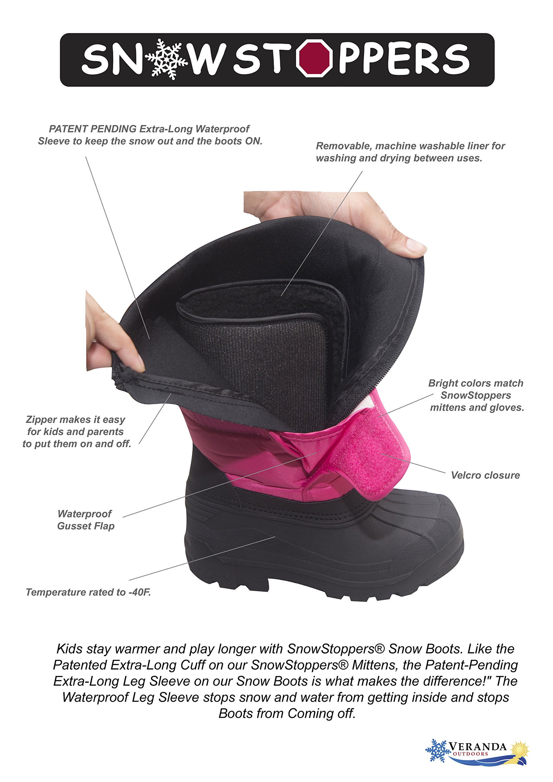 SnowStoppers Kids' Waterproof Snow Boots with Extra Long Sleeve - Warm Winter Boots for Boys & Girls - Perfect for Snow Play, Sledding & Outdoor Winter Activities