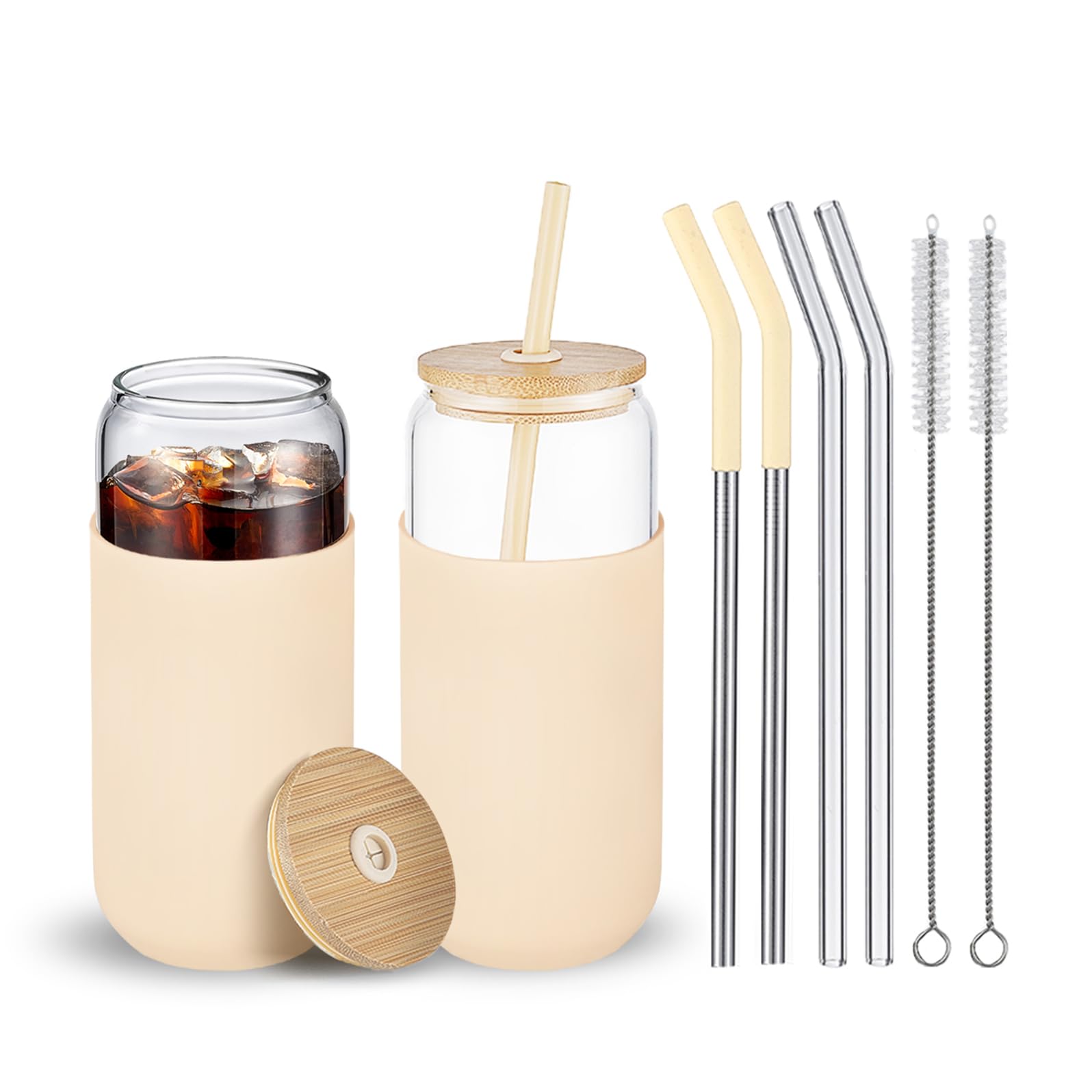 20oz Aesthetic Beer Can Shaped Glass Tumbler with Lid & 3 Straws - Insulated Protective Sleeve, Cute Iced Coffee Cup for Smoothies, Boba, Beer - Perfect for Home, Office, Parties & Gifts (2-Pack)