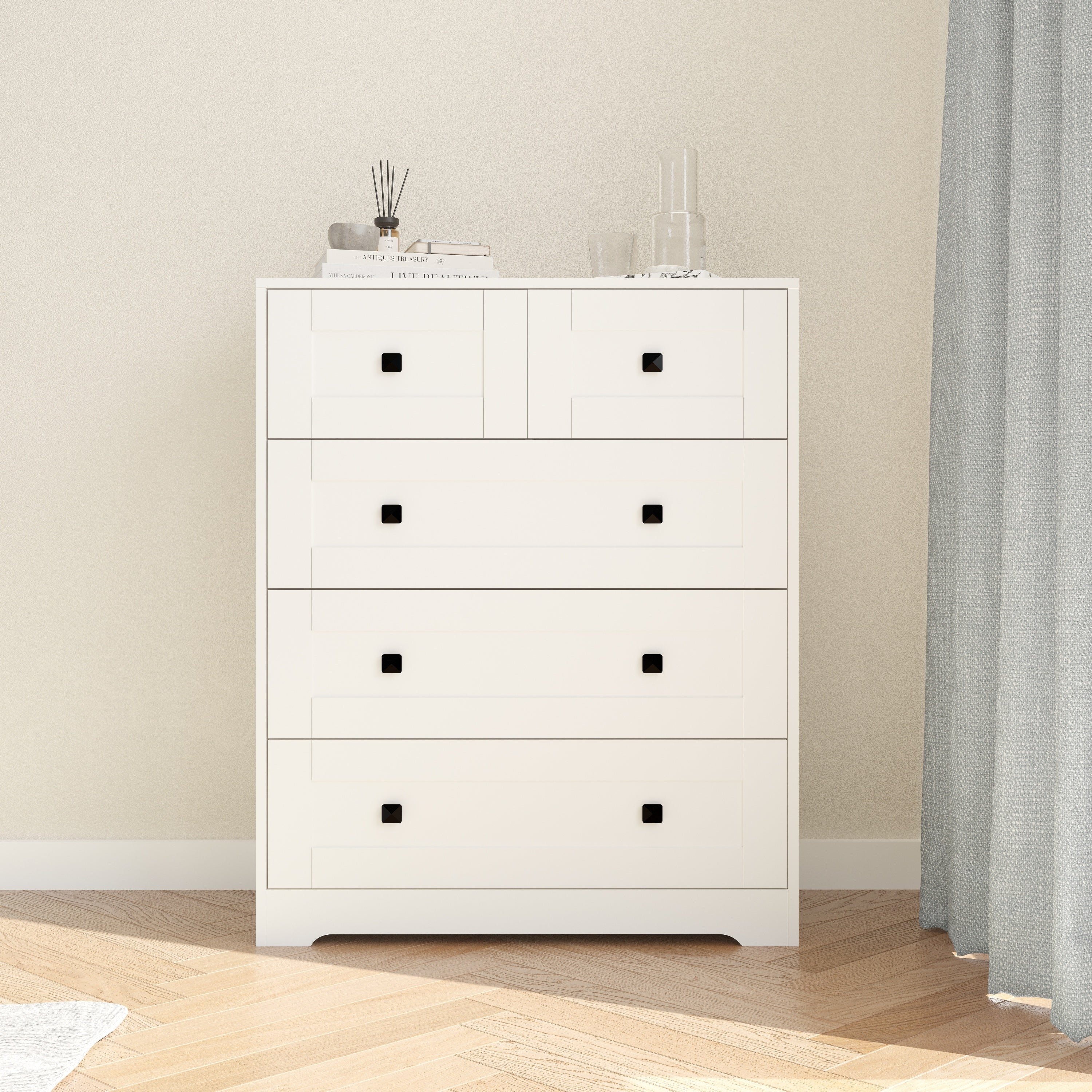 5-Drawer White Farmhouse Chest of Drawers - Perfect for Bedroom Storage & Rustic Home Decor
