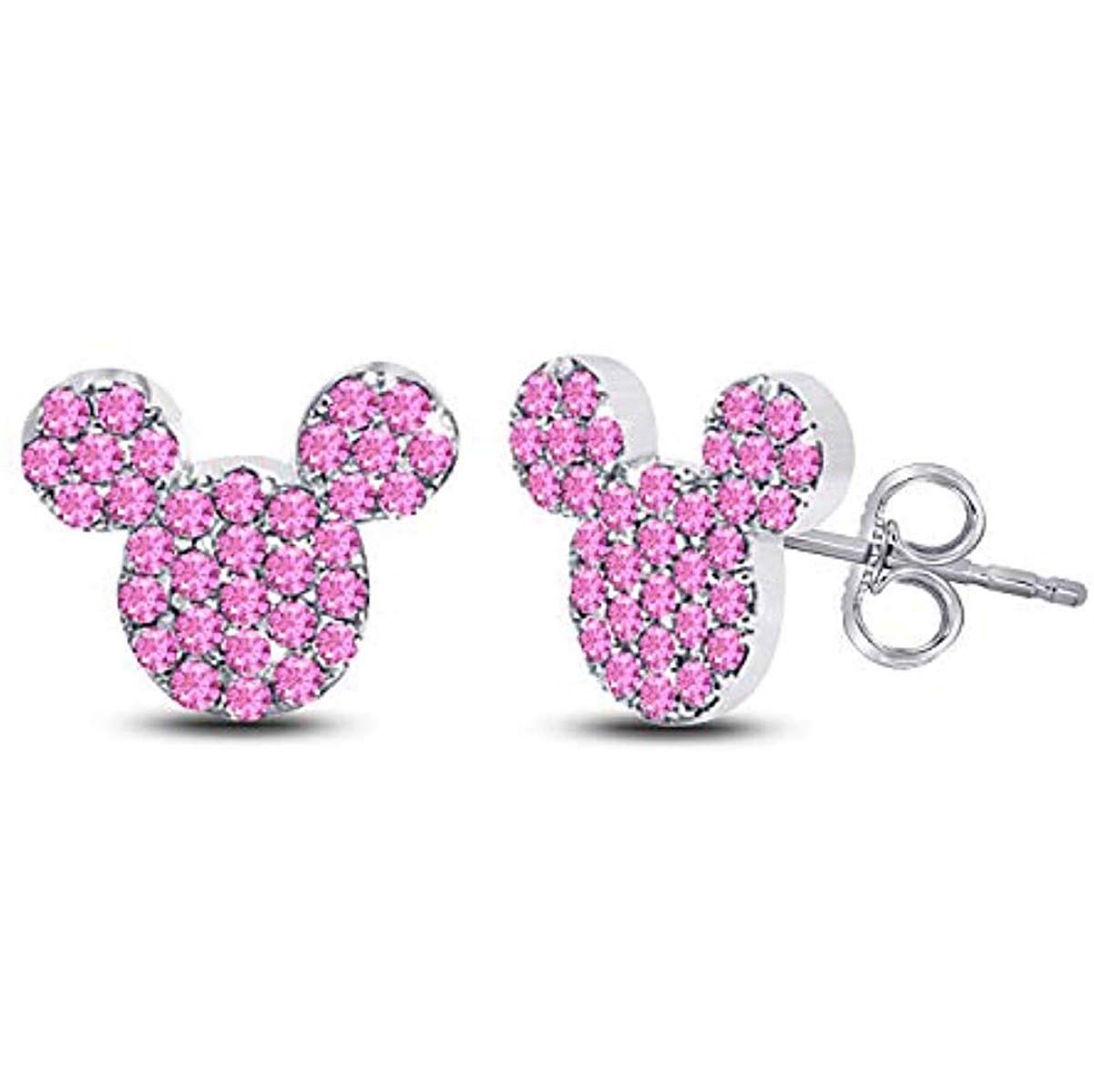 10.5mm Round Cut Pink Sapphire Diamond Minnie Mouse Stud Earrings for Women - 925 Sterling Silver Push Back - Perfect for Disney Fans, Gift Giving & Special Occasions