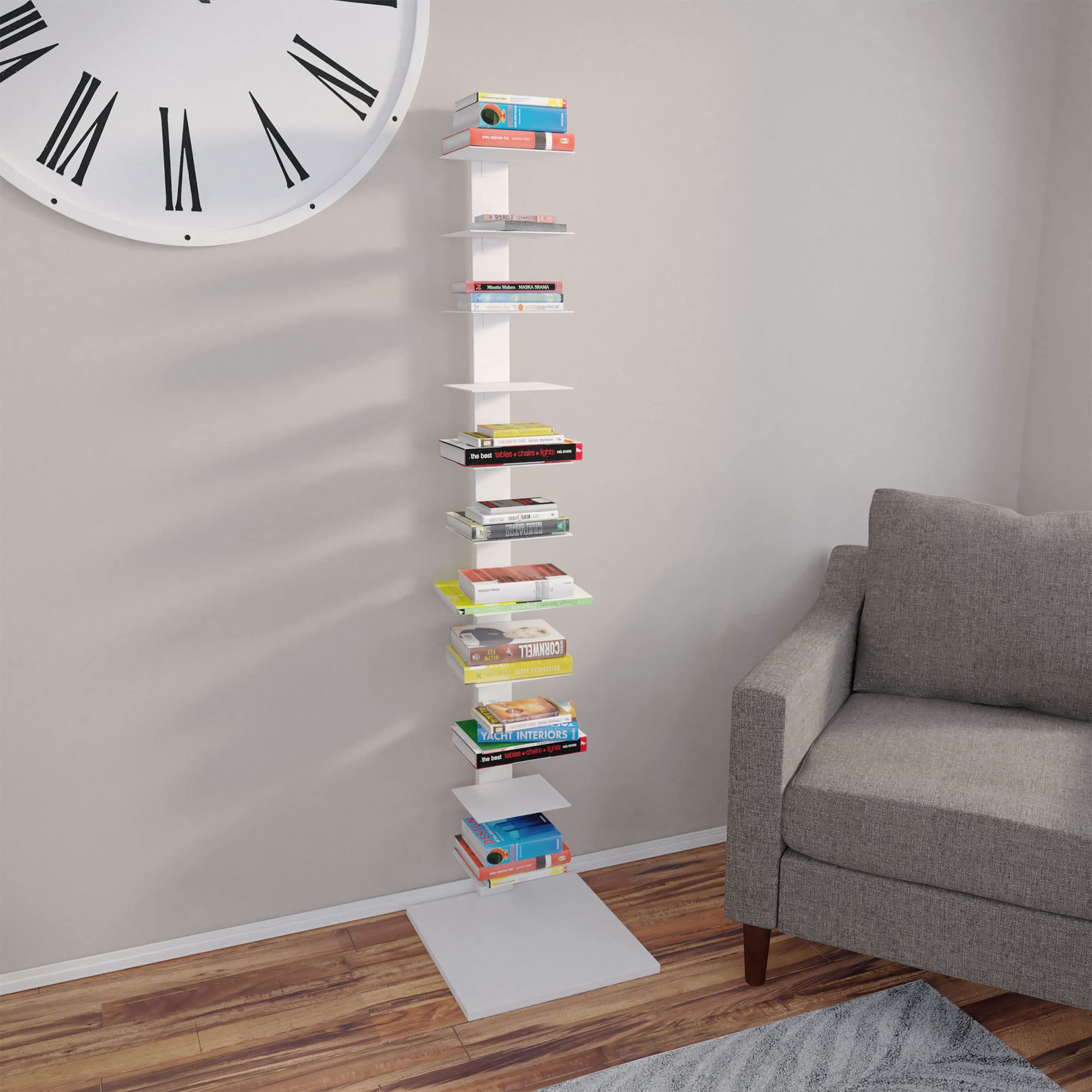 SEI Furniture Stewartby Spine Tower Shelf - White, Modern Bookcase for Living Room, Bedroom & Office Storage, Space-Saving Organizer for Books, Decor & Essentials