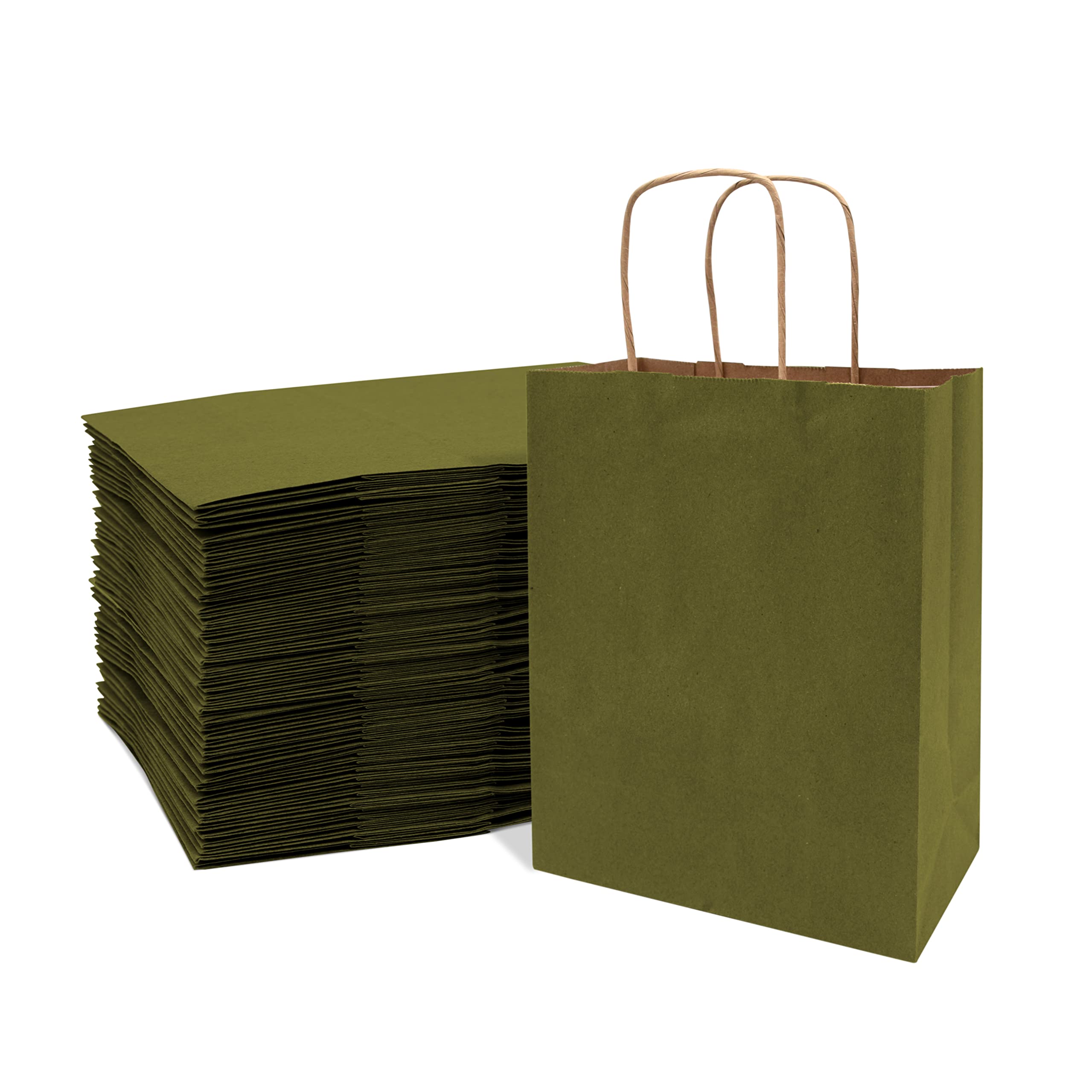 Premium 8x4x10 Inch Small Green Kraft Paper Gift Bags with Handles - 50 Pack Bulk Wholesale for Small Business, Boutique, Christmas Gifts, Party Favors & Retail Packaging | Eco-Friendly & Durable for Weddings, Baby Showers & Holiday Events