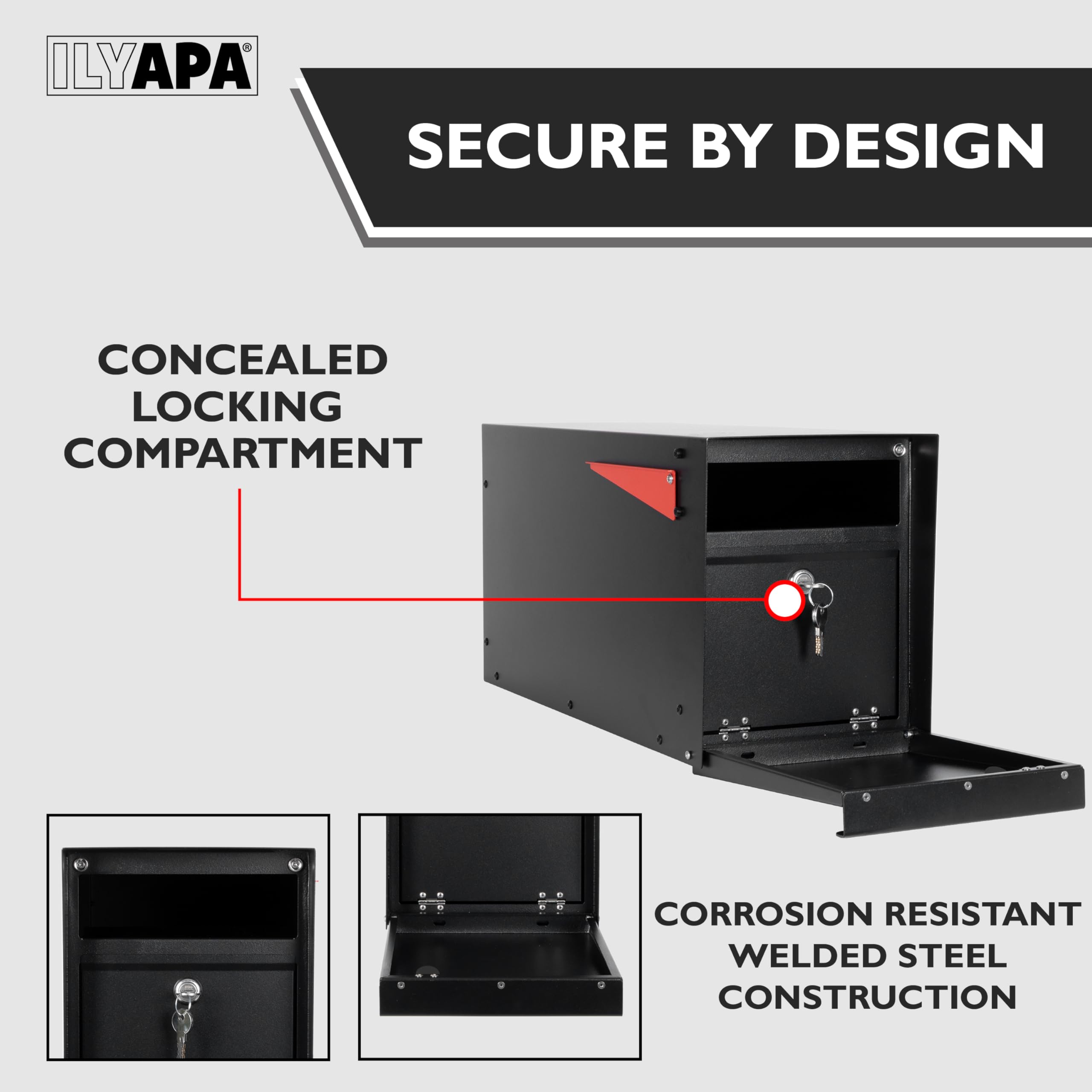 **Ilyapa Heavy Duty Locking Mailbox with Key - Black Powder Coated Steel, Weatherproof & Anti-Theft Outdoor Mailbox for Post Mount - Secure Mail Delivery for Homes, Apartments & Offices**    *(Perfect for residential curbside, apartment complexes, and office buildings - durable & corrosion-resistant for all weather conditions.)*