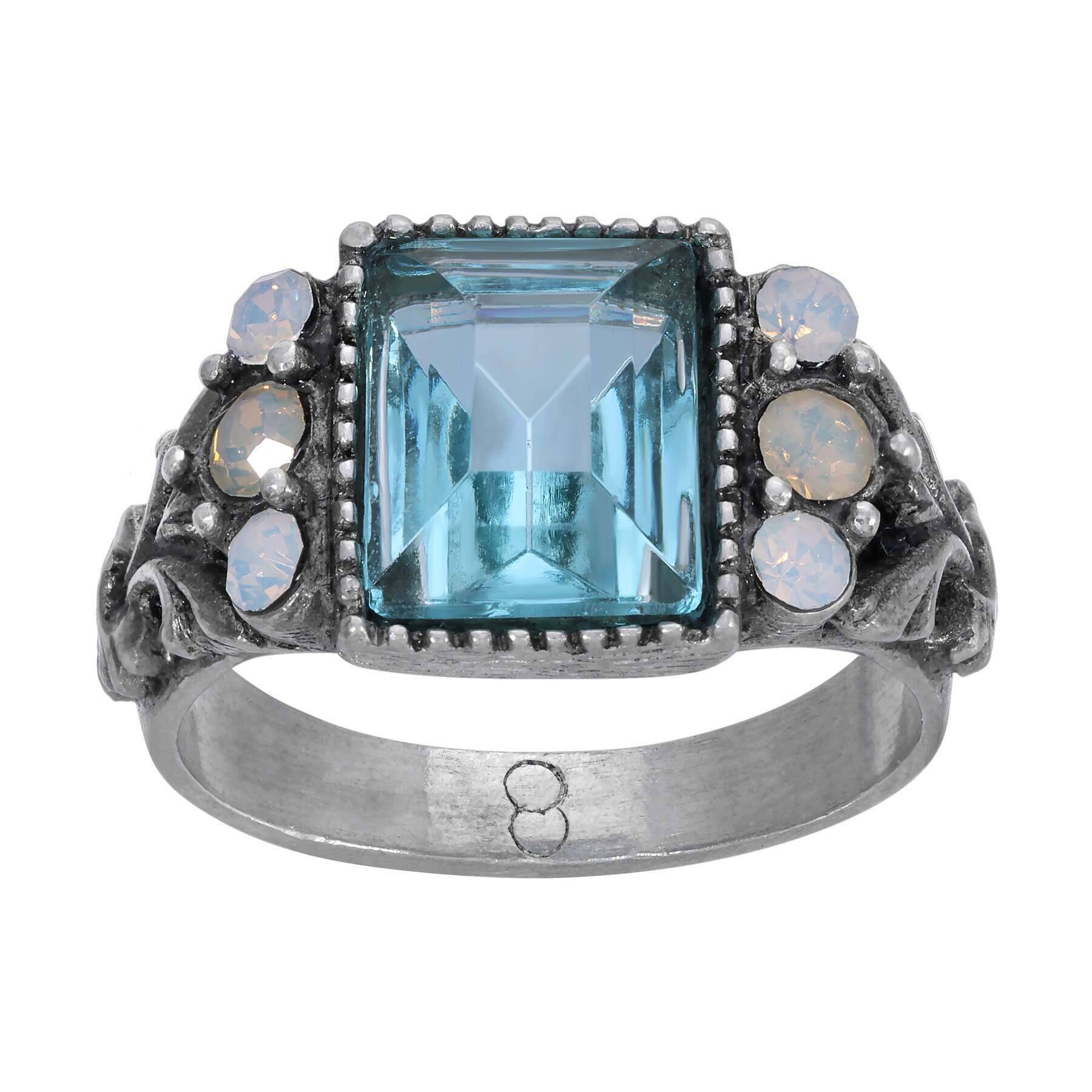 1928 Jewelry Aquamarine Crystal Rectangular Blue Opal Stone Ring - Size 8 for Women, Elegant Statement Jewelry for Parties, Weddings & Special Occasions